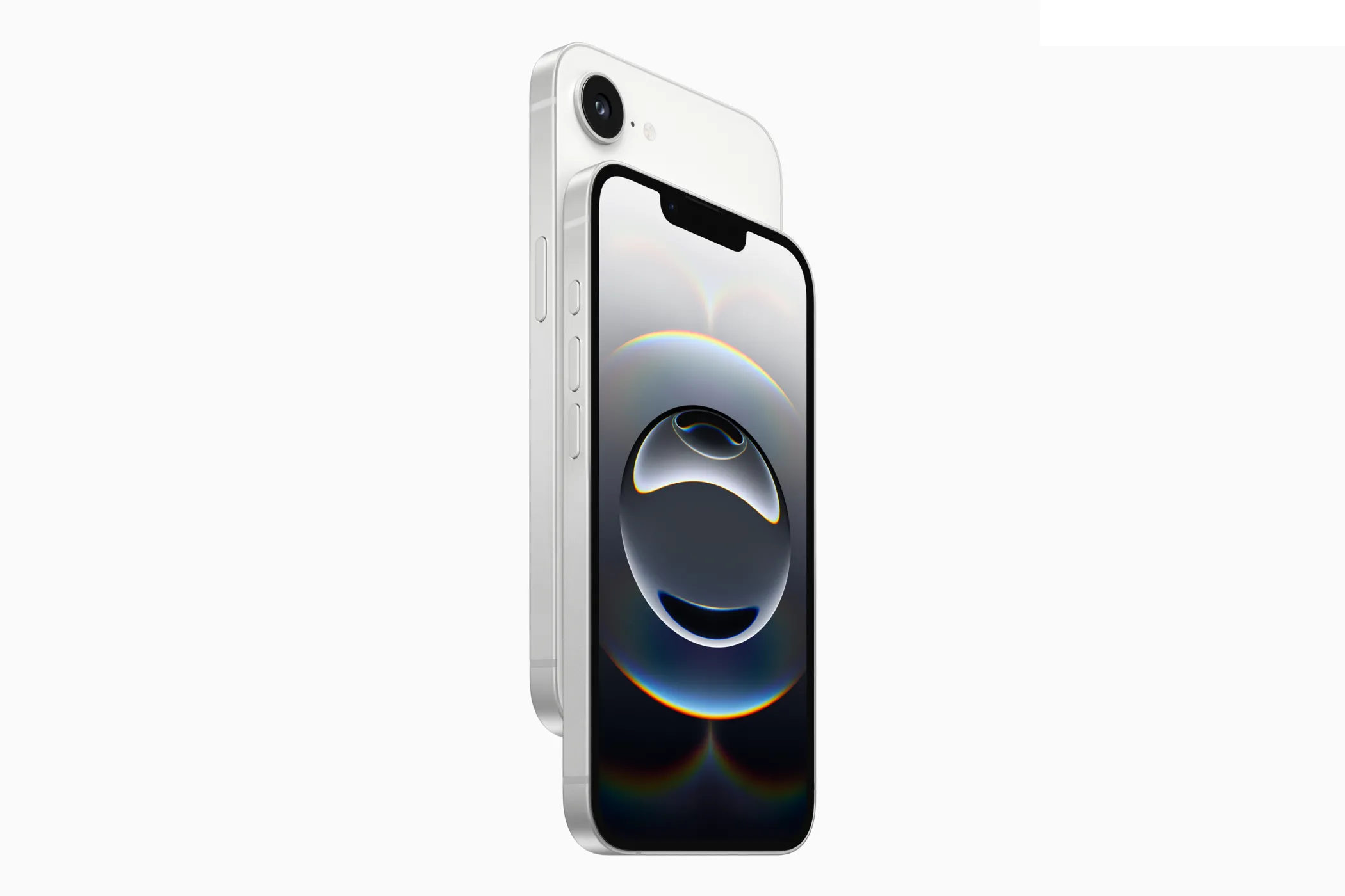 Hình ảnh sản phẩm iPhone 16e màu trắng với phần tai thỏ rõ ràng ở cạnh trên màn hình