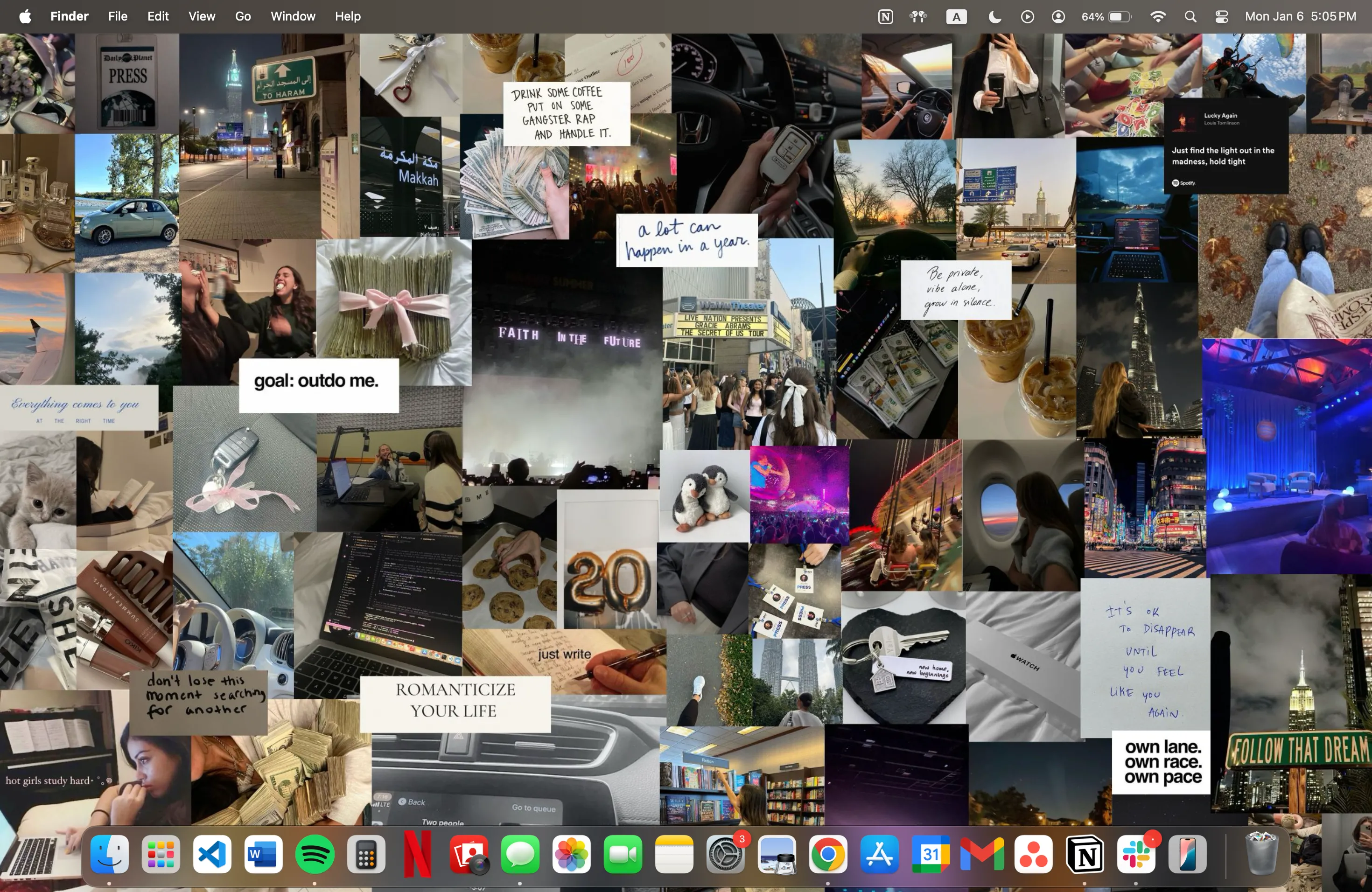 Hình nền MacBook hiển thị một bảng tầm nhìn (vision board) với những hình ảnh truyền cảm hứng, giúp định hình tư duy tích cực