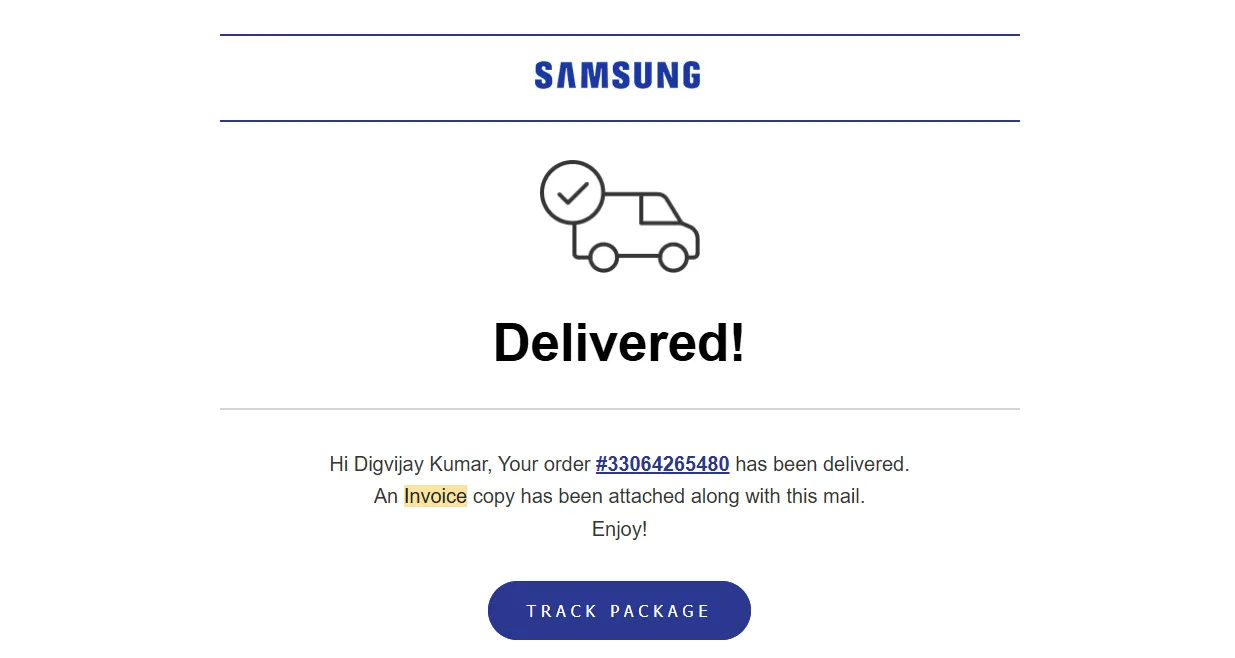 Hóa đơn xác nhận đơn hàng từ Samsung có chi tiết IMEI