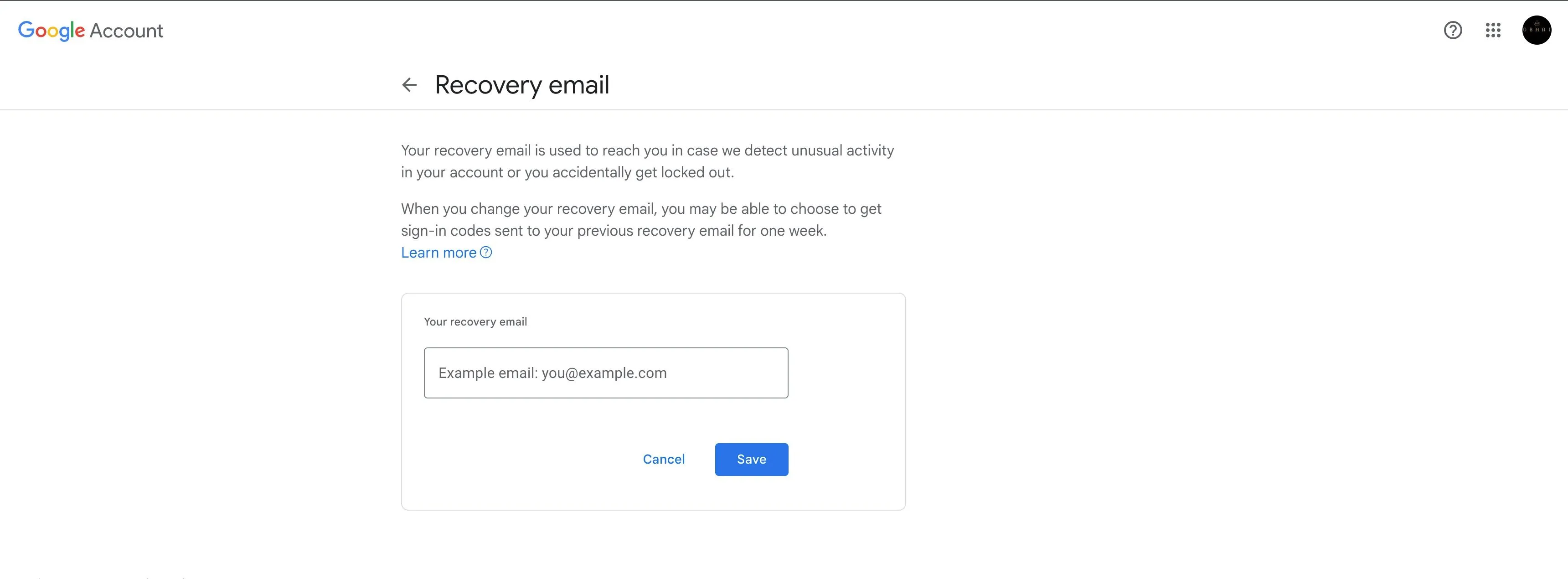 Hộp nhập email khôi phục trong tài khoản Google, minh họa tùy chọn phục hồi dữ liệu đám mây.