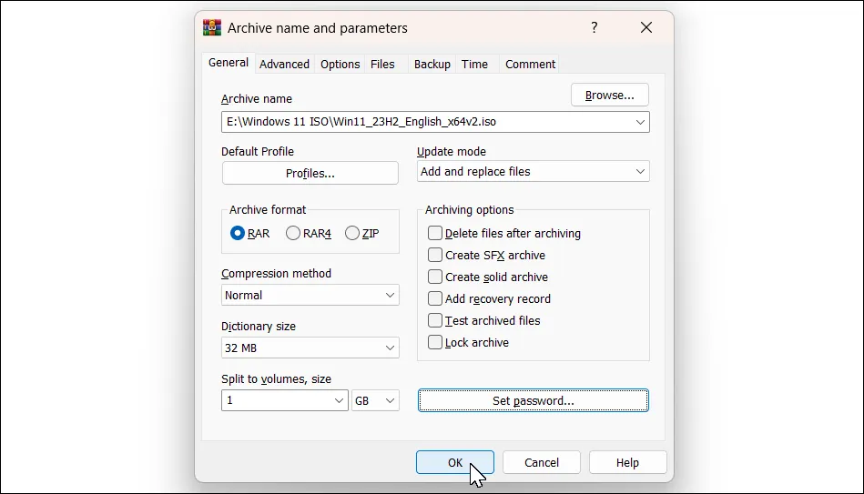 Hộp thoại &quot;Add Archive&quot; của WinRAR trên Windows 11, hiển thị cài đặt kích thước volume