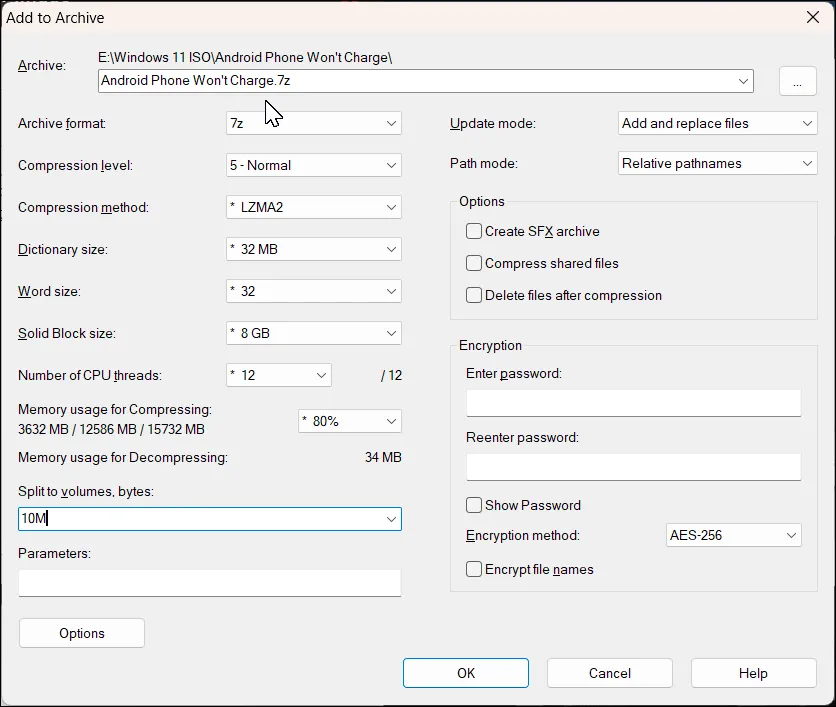 Hộp thoại &quot;Add to Archive&quot; của 7-Zip trên Windows 11, với tùy chọn &quot;Split to volumes, bytes&quot;