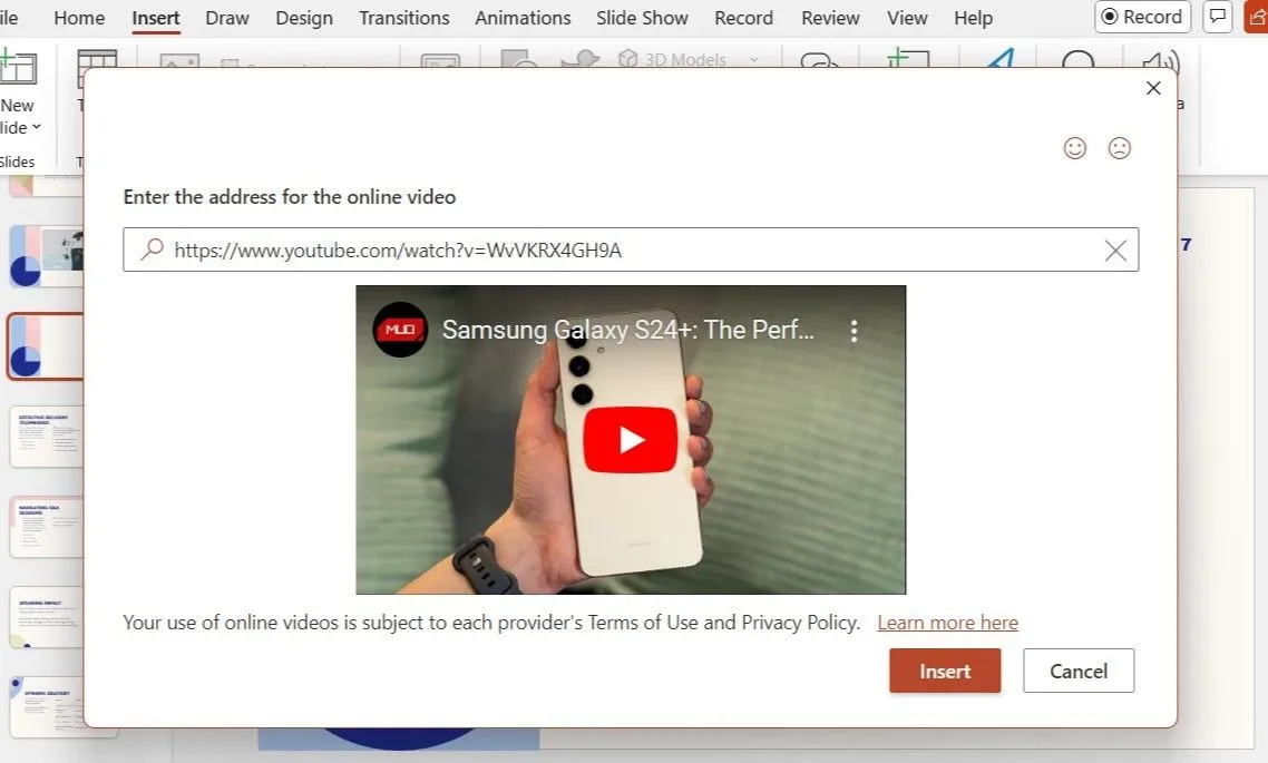 Hộp thoại Chèn Online Video trong PowerPoint hiển thị video YouTube