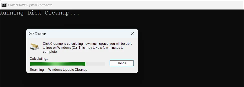 Hộp thoại Disk Clean và menu Windows Maintenance Tool