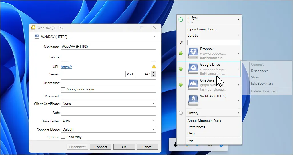 Hộp thoại mở kết nối của Mountain Duck trên màn hình Windows 11