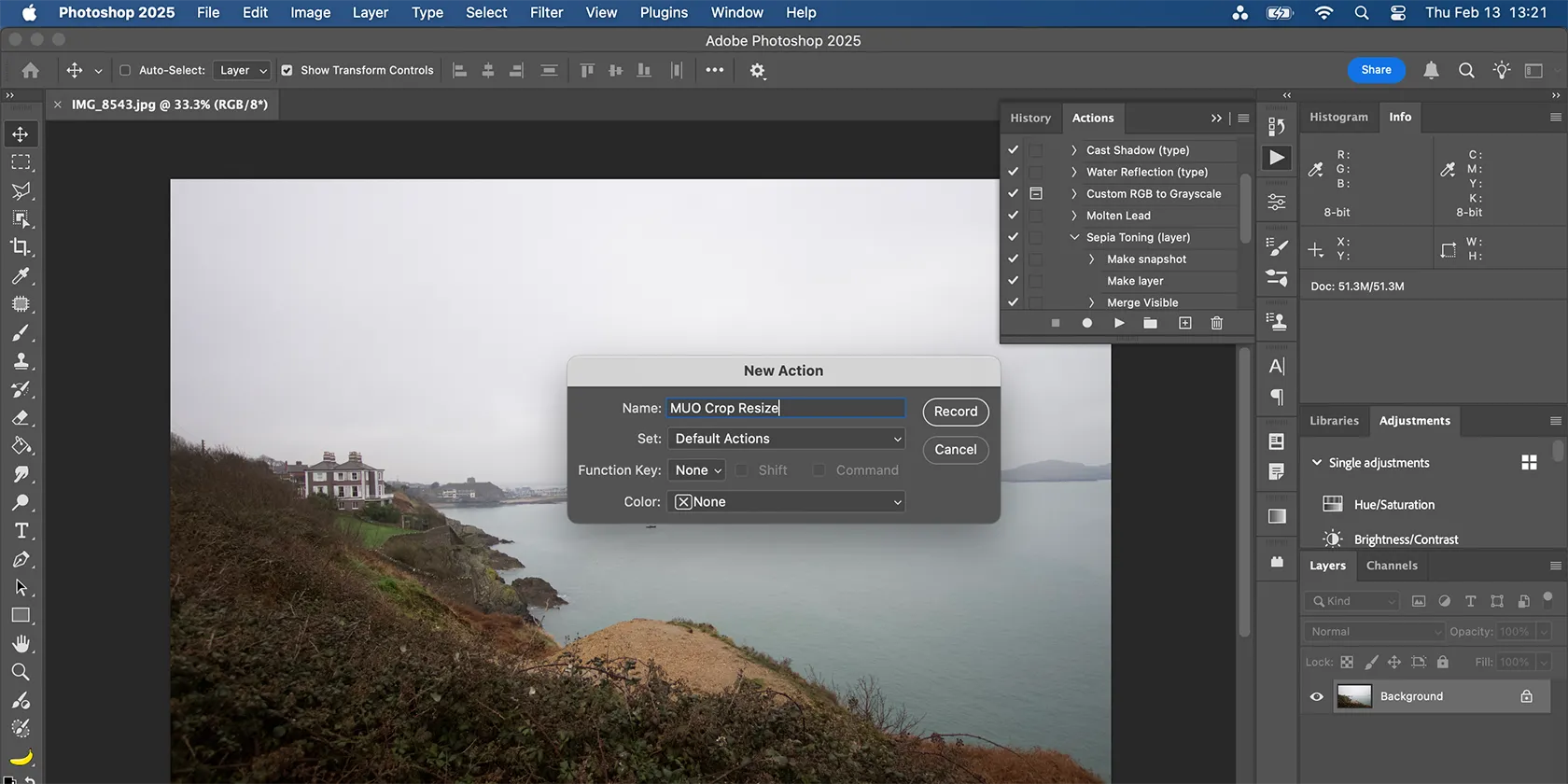 Hộp thoại &quot;New Action&quot; trong Photoshop để tạo và đặt tên Action mới