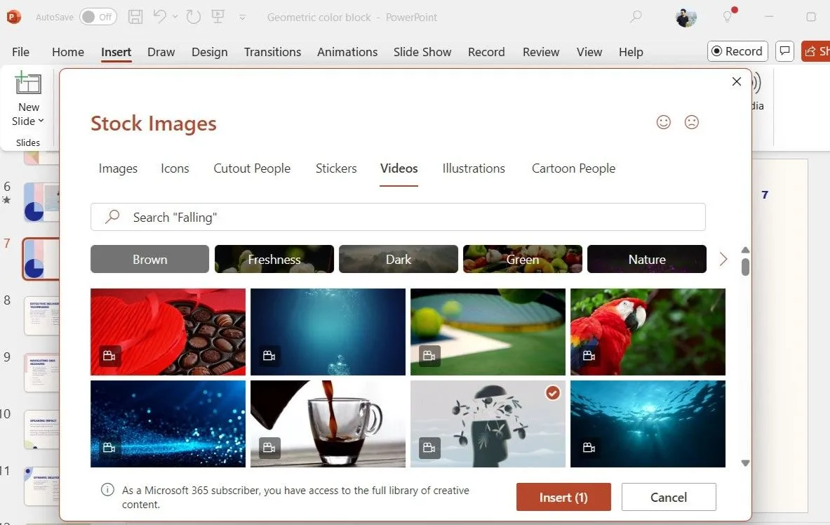 Hộp thoại Stock Images trong PowerPoint hiển thị các video có nút Chèn