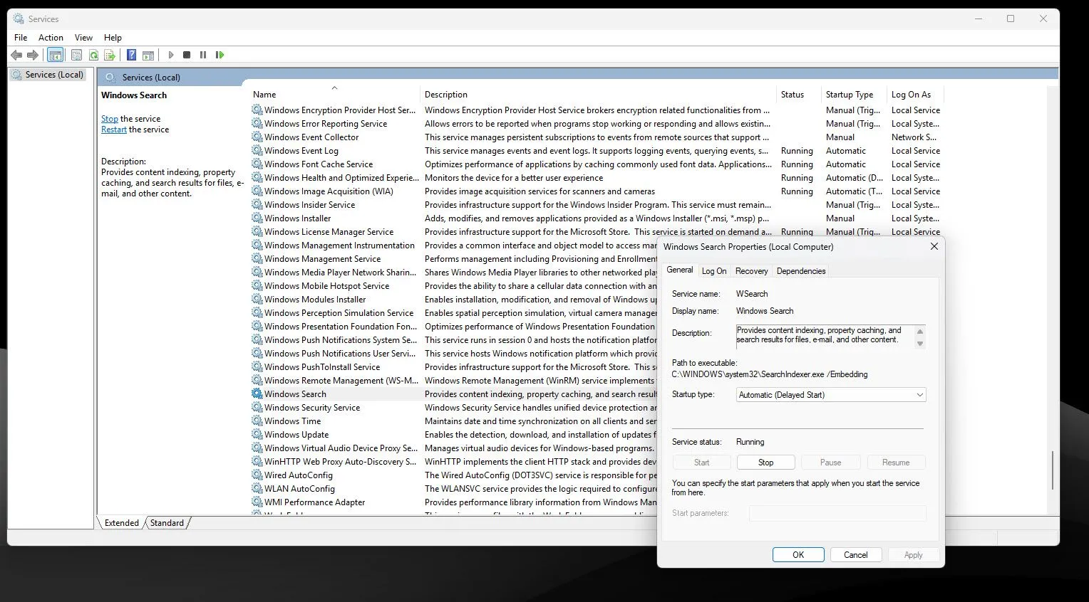 Hộp thoại thuộc tính của dịch vụ Windows Search trong Services Manager, với tùy chọn Startup type được đặt là Disabled