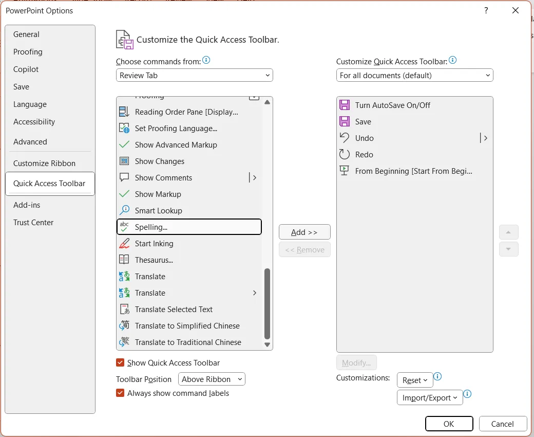Hộp thoại tùy chỉnh Quick Access Toolbar trong PowerPoint, minh họa cách thêm lệnh vào thanh.