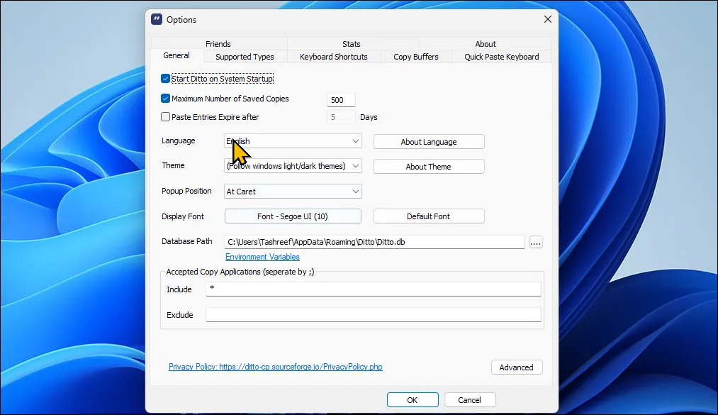 Hộp thoại tùy chọn của Ditto Clipboard Manager trên Windows 11, hiển thị khả năng quản lý clipboard nâng cao
