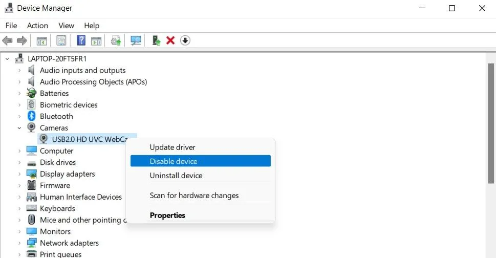 Hướng dẫn vô hiệu hóa webcam tích hợp qua Device Manager trên Windows để tăng cường bảo mật