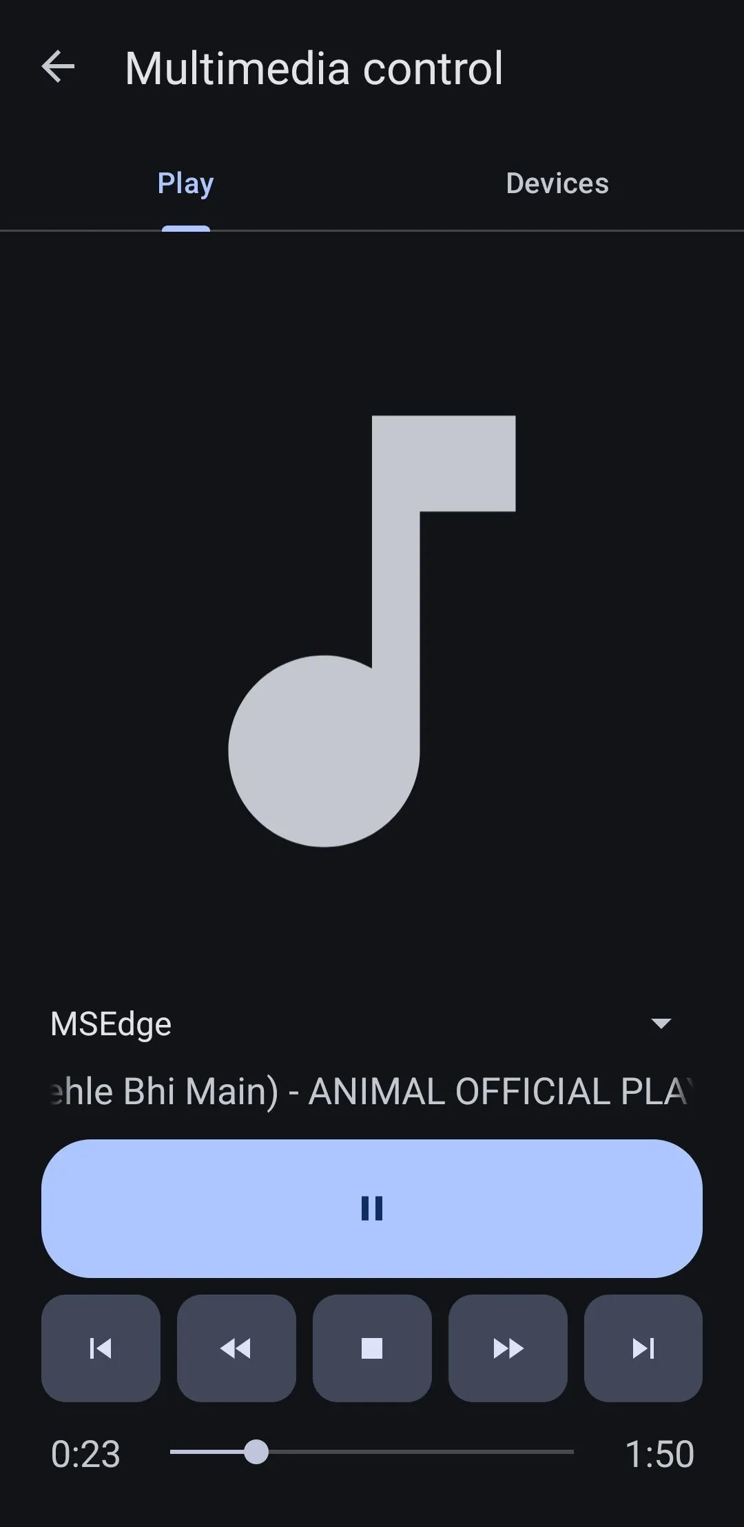 KDE Connect trên Android hiển thị giao diện điều khiển trình phát nhạc