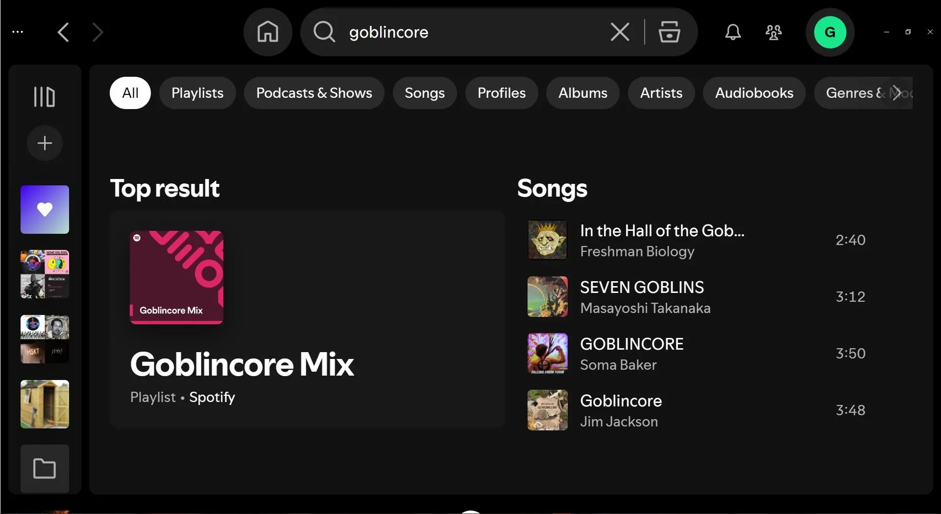 Kết quả tìm kiếm 'goblincore mix' trên Spotify, cho thấy nhu cầu về một công cụ tìm kiếm nâng cao hơn để khám phá âm nhạc theo chủ đề độc đáo.