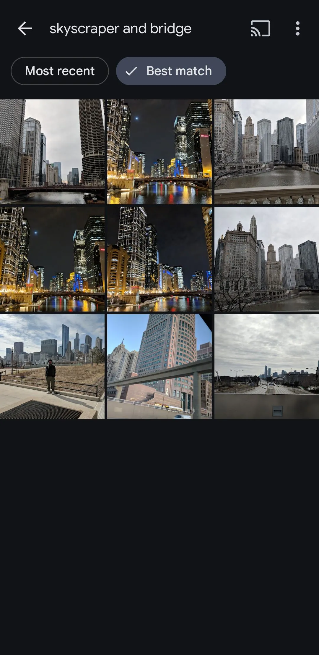 Kết quả tìm kiếm trên Google Photos cho cụm từ &quot;nhà chọc trời và cầu&quot;