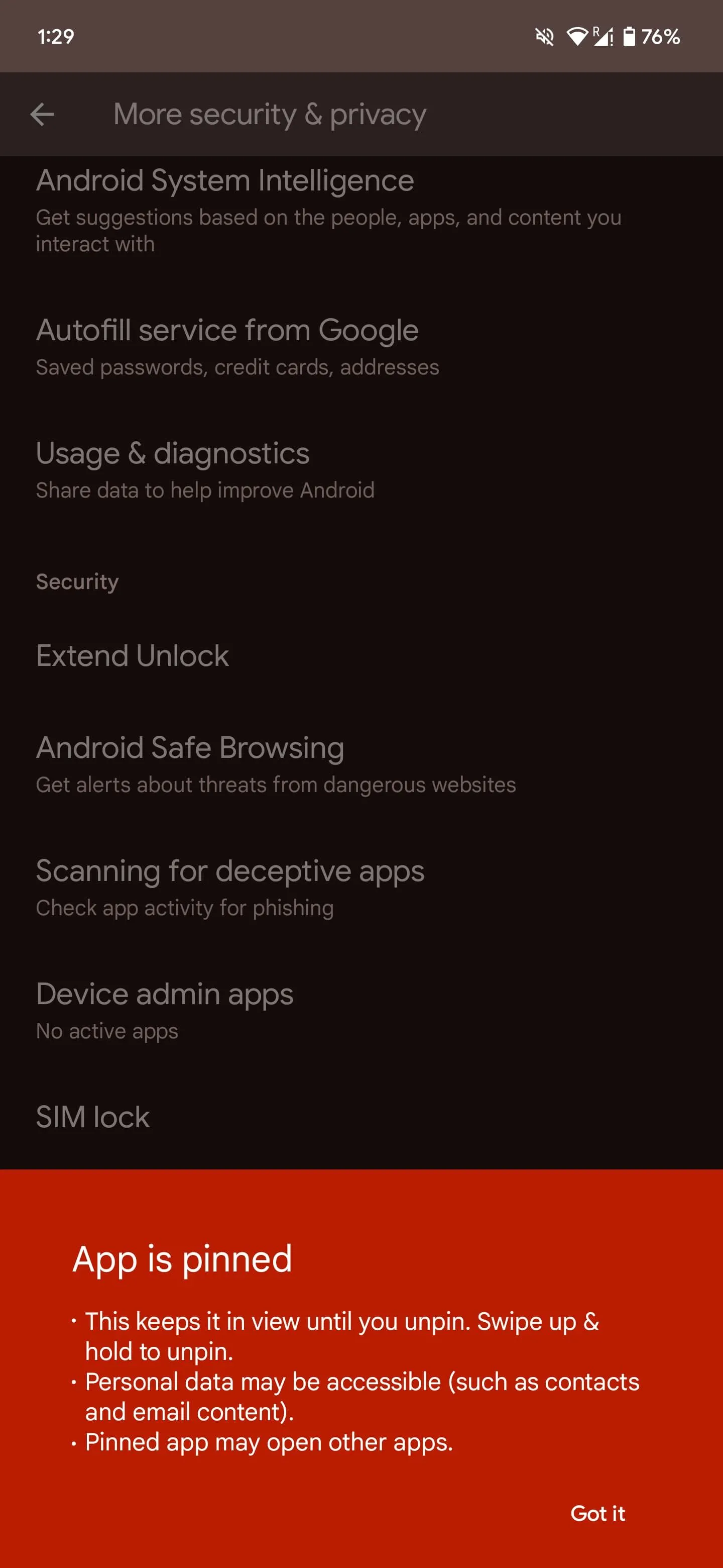 Khi ứng dụng đã được ghim, nó sẽ hiển thị cho đến khi được bỏ ghim trên màn hình Android