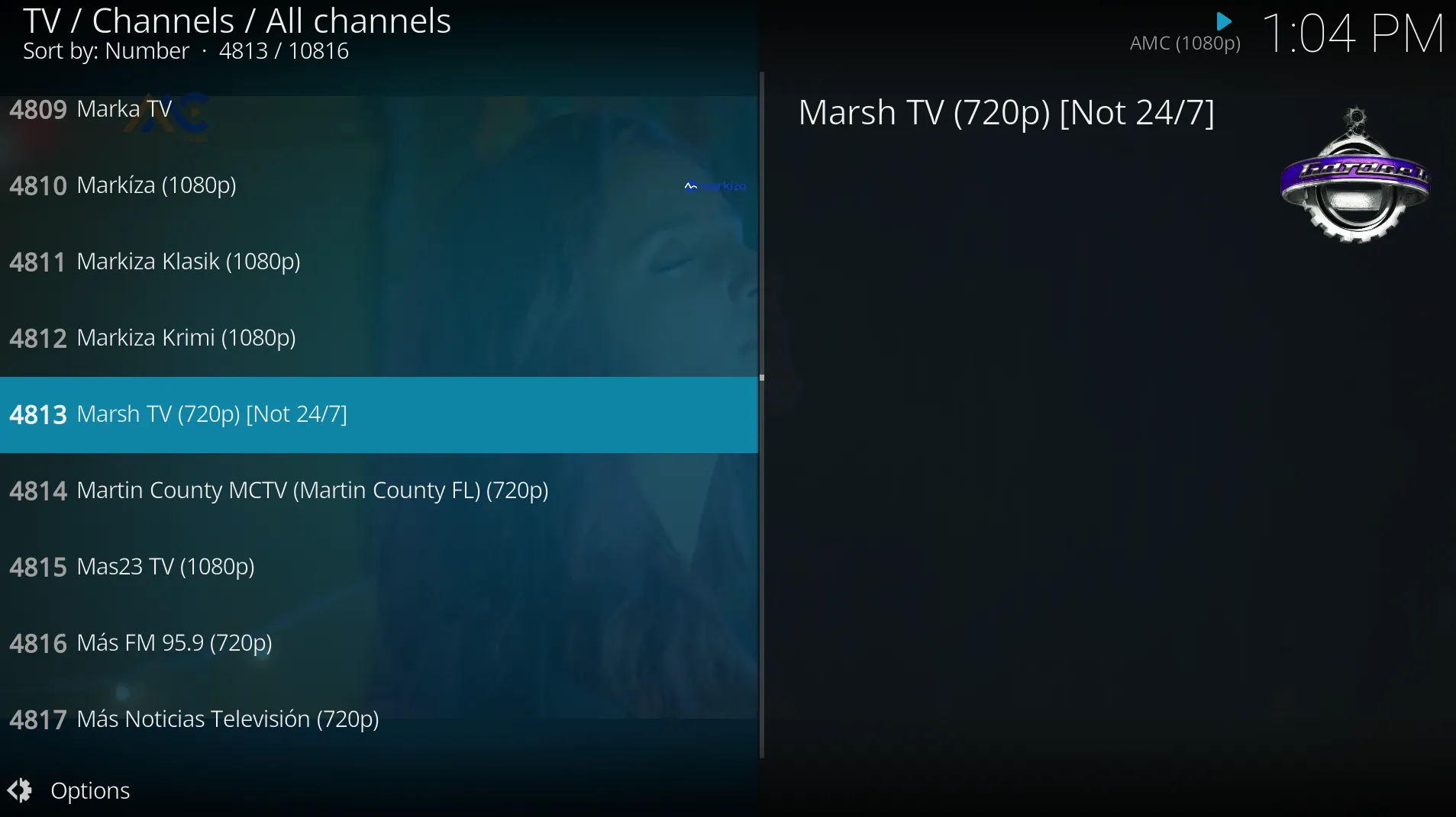 Kodi hiển thị danh sách các kênh IPTV trực tiếp, cho phép người dùng theo dõi nội dung live.
