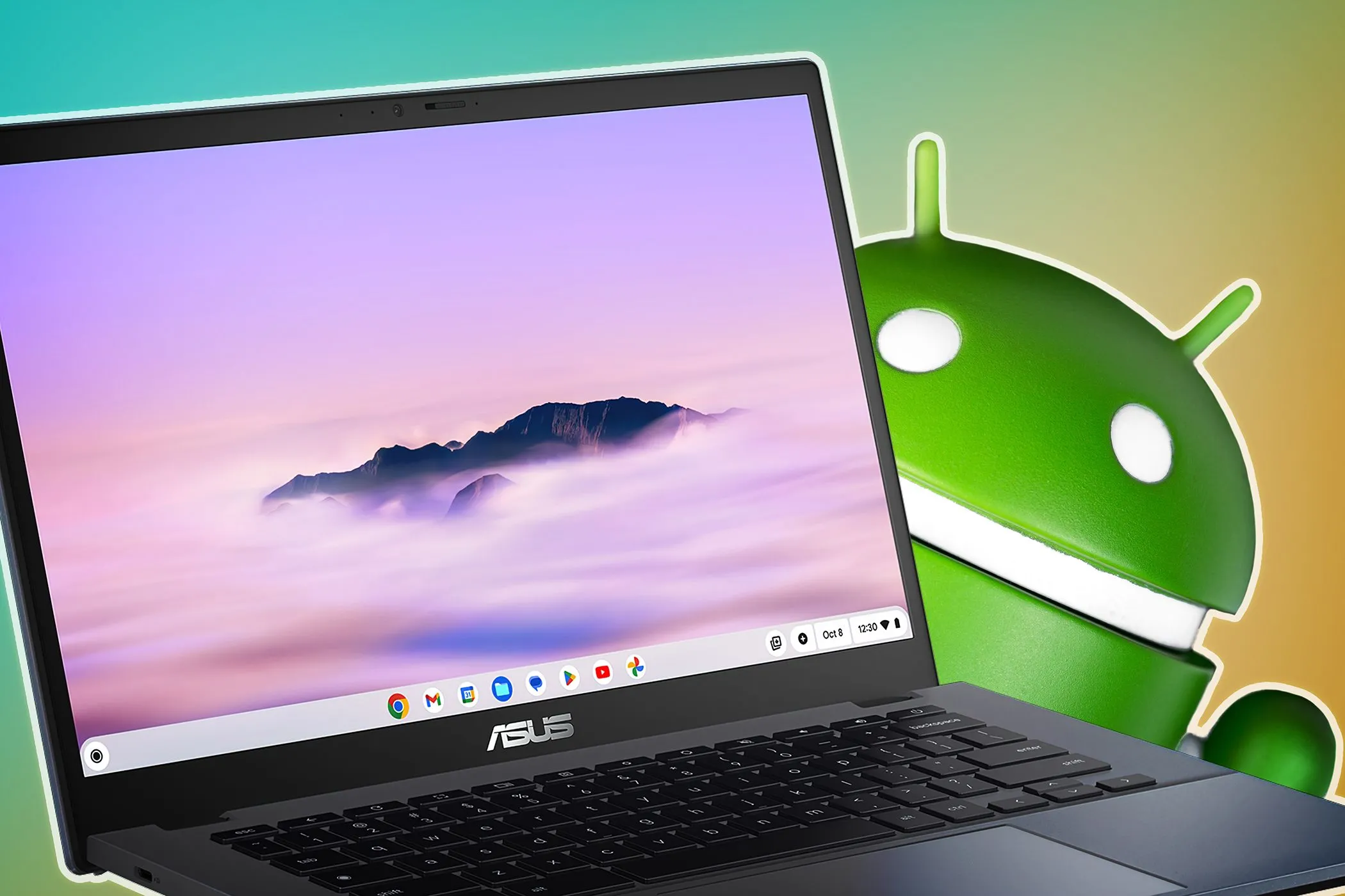 Laptop ASUS Chromebook với hình nền phong cảnh và logo Android, biểu thị khả năng chạy ứng dụng Android và tích hợp hệ sinh thái Linux linh hoạt.
