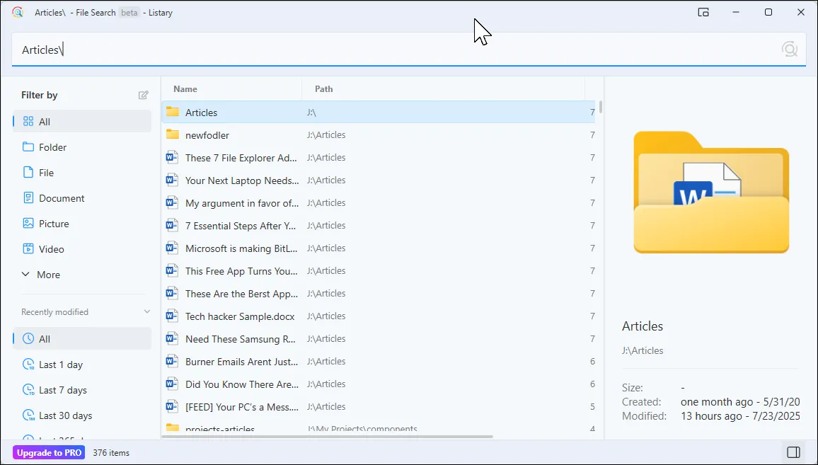 Listary File search dialog box