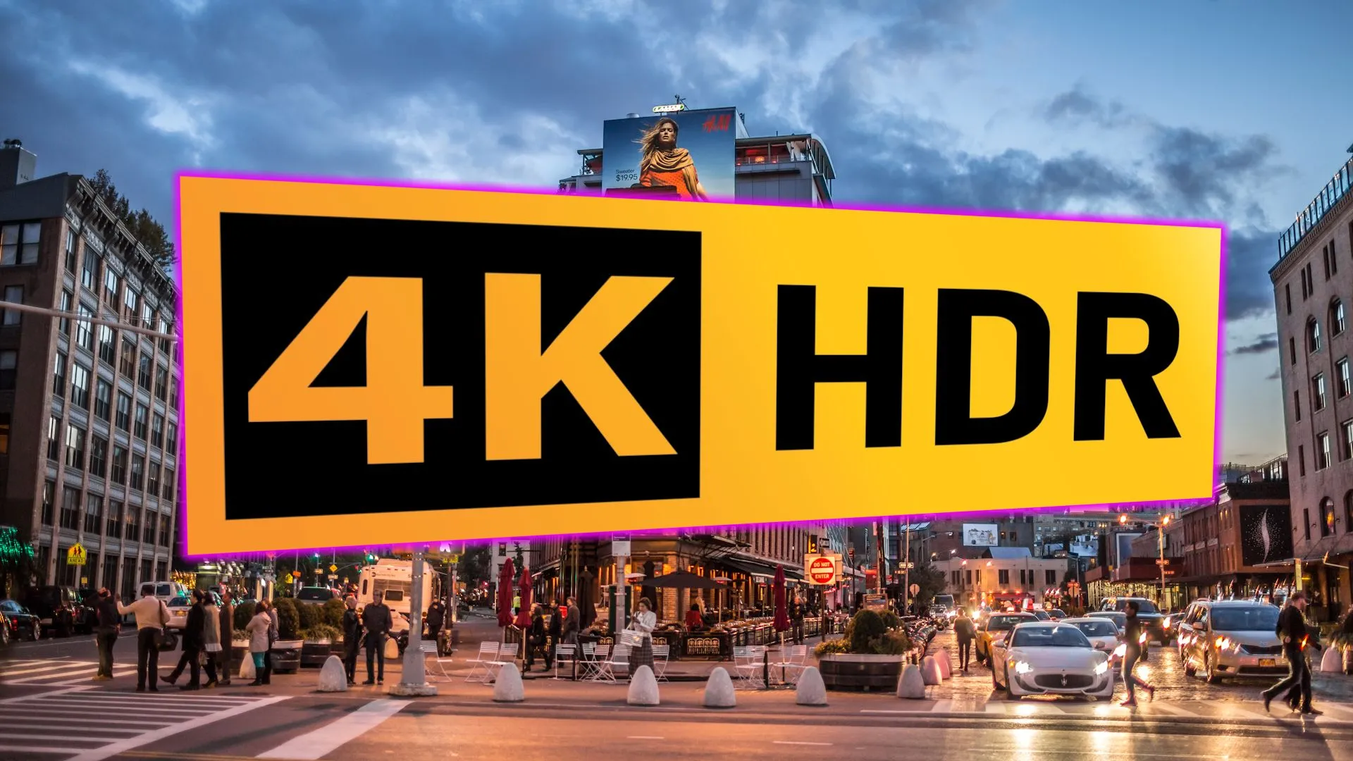 Logo 4K HDR trên hình ảnh cảnh đường phố được quay với chất lượng HDR