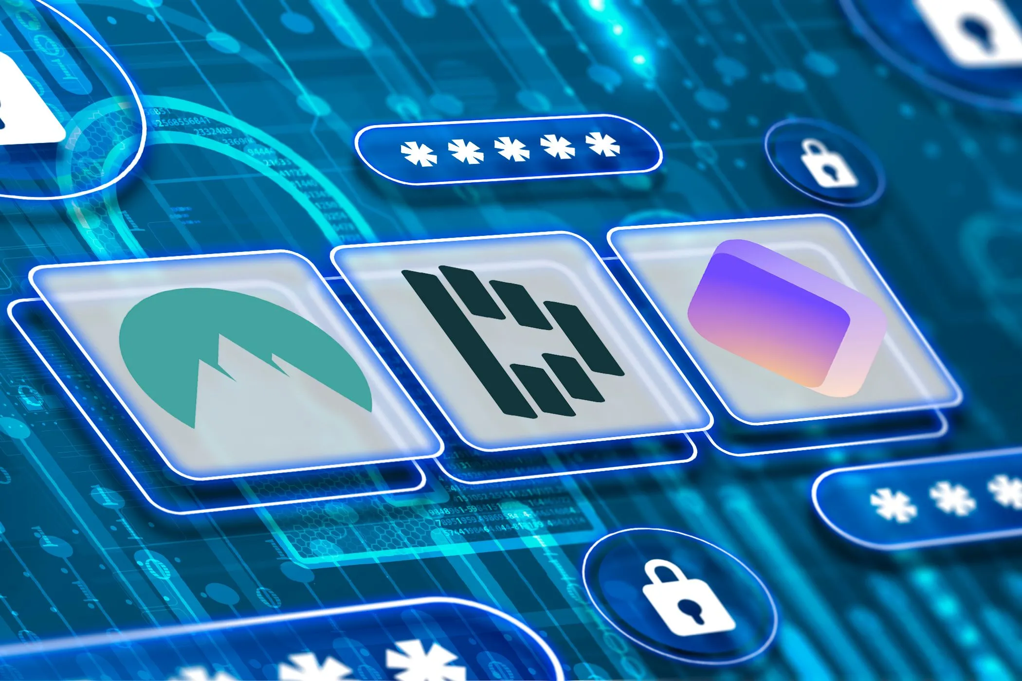 Logo NordPass, Dashlane, Proton Pass với mật khẩu và ổ khóa