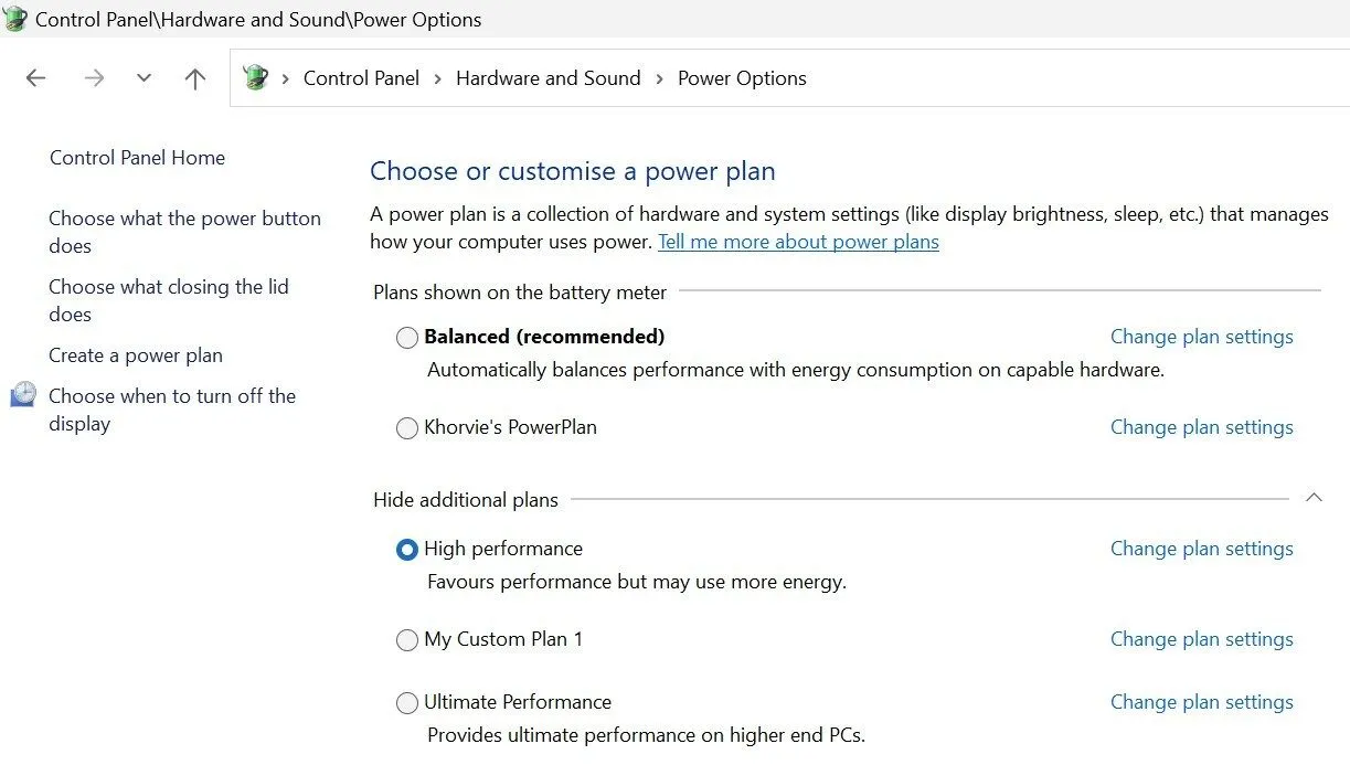 Lựa chọn chế độ nguồn điện hiệu suất cao trong cài đặt Power Options của Windows.