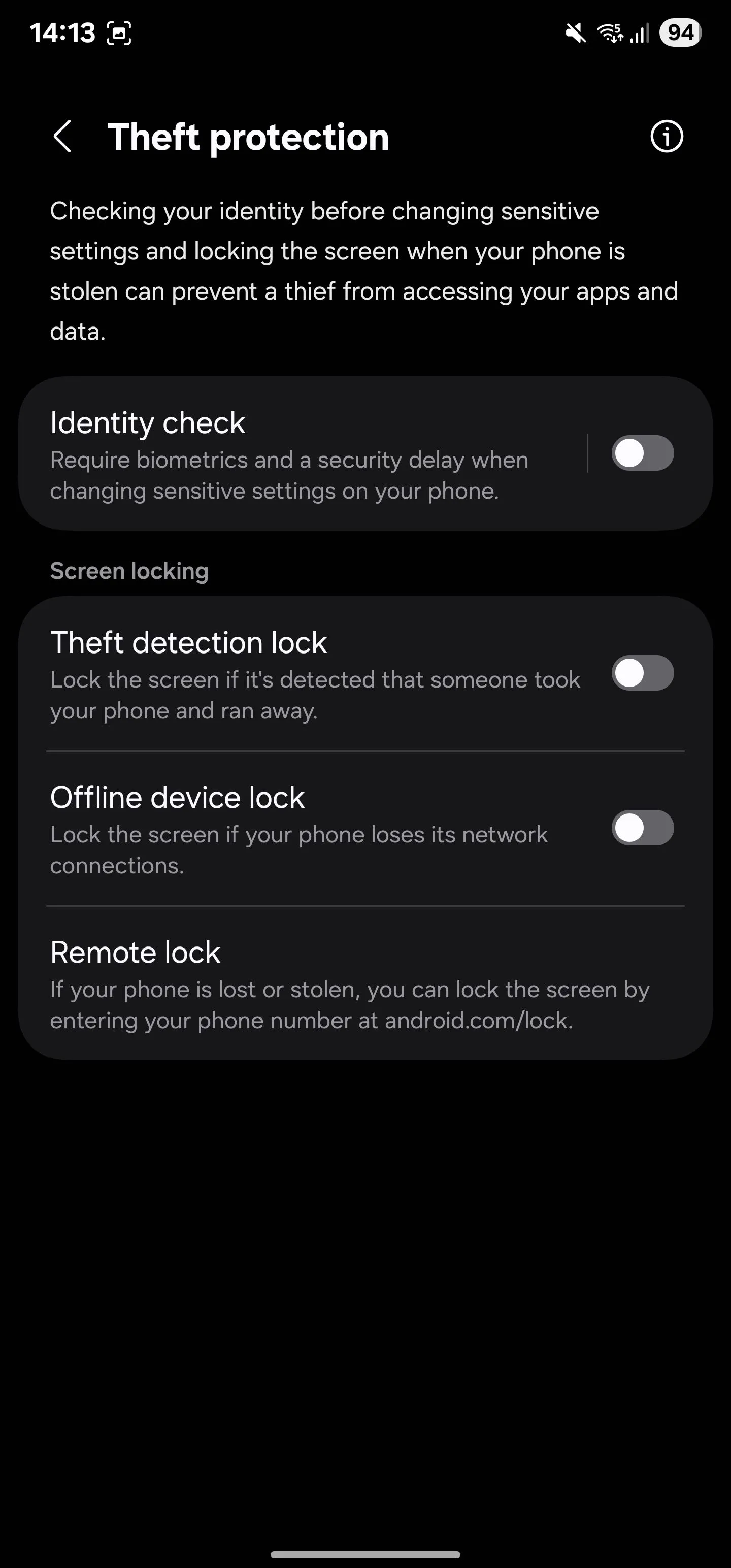 Màn hình cài đặt 'Bảo vệ chống trộm' hiển thị các tính năng bảo mật của Samsung.