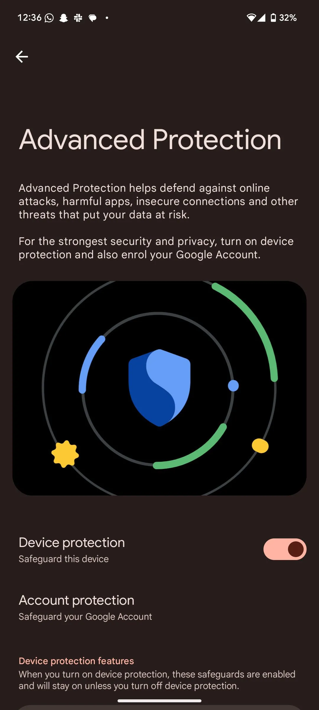 Màn hình cài đặt Bảo vệ Nâng cao (Advanced Protection) trong Android 16 với tùy chọn bật tắt Bảo vệ thiết bị