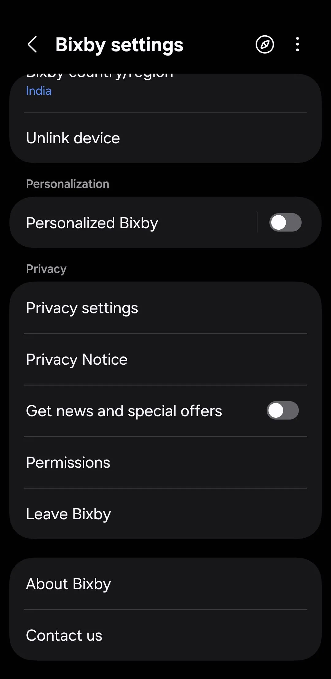 Màn hình cài đặt Bixby trên điện thoại Samsung để điều chỉnh quyền riêng tư
