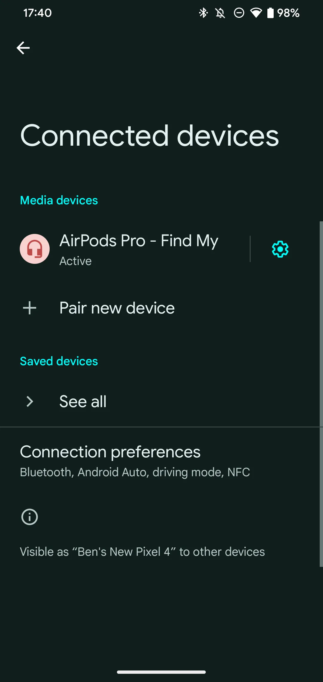 Màn hình cài đặt Bluetooth trên Android hiển thị AirPods đã được ghép nối thành công và sẵn sàng sử dụng