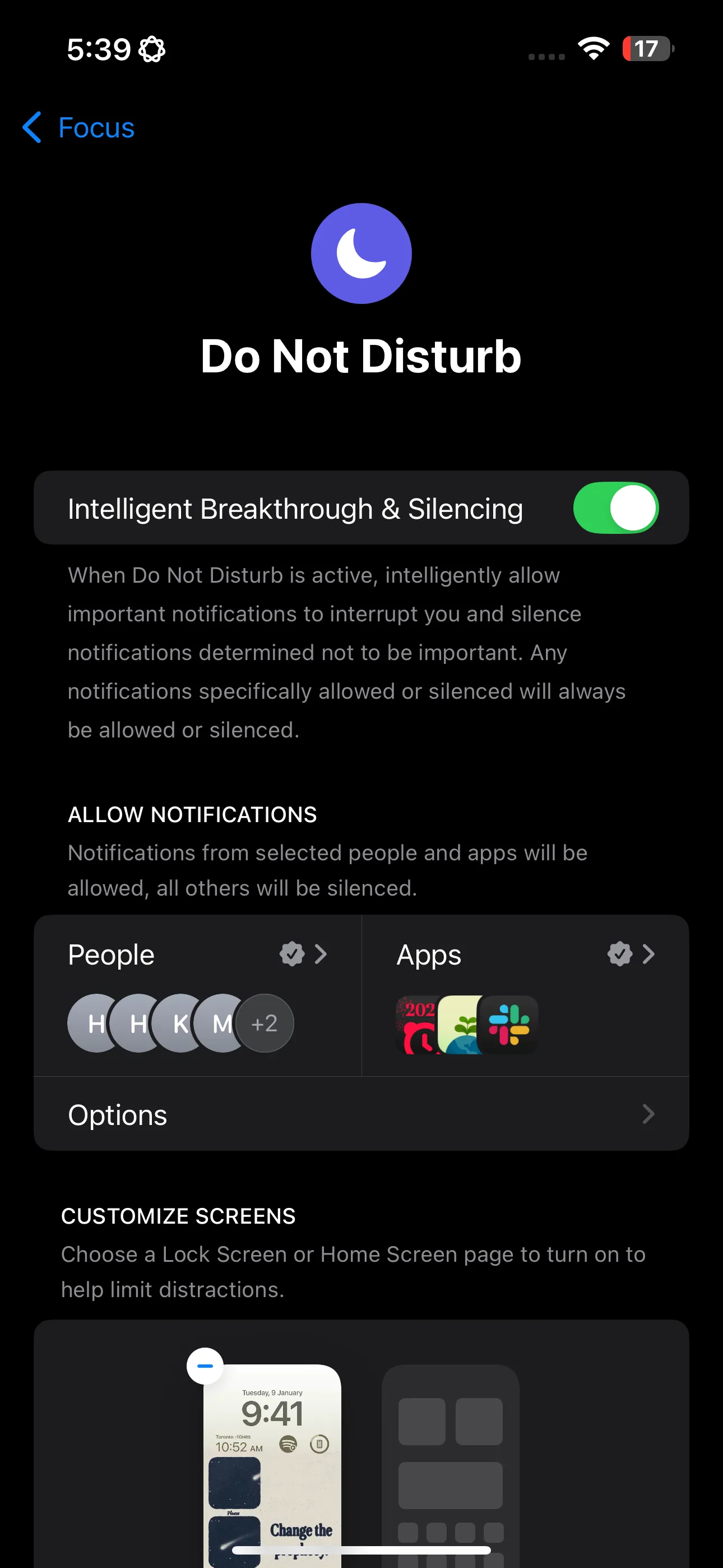 Màn hình cài đặt Chế Độ Tập Trung 'Không làm phiền' trên iPhone với tùy chọn 'Intelligence Breakthrough &amp; Silencing' được bật.