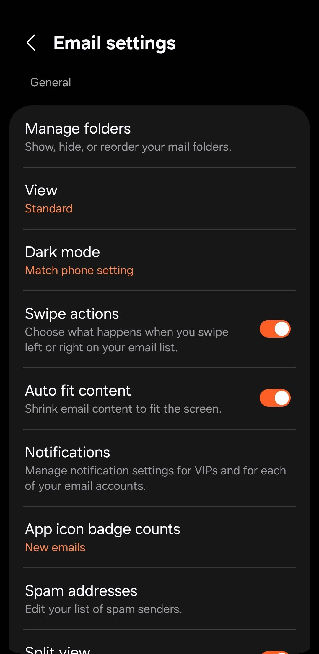 Màn hình cài đặt của ứng dụng Samsung Email trên điện thoại Samsung Galaxy.
