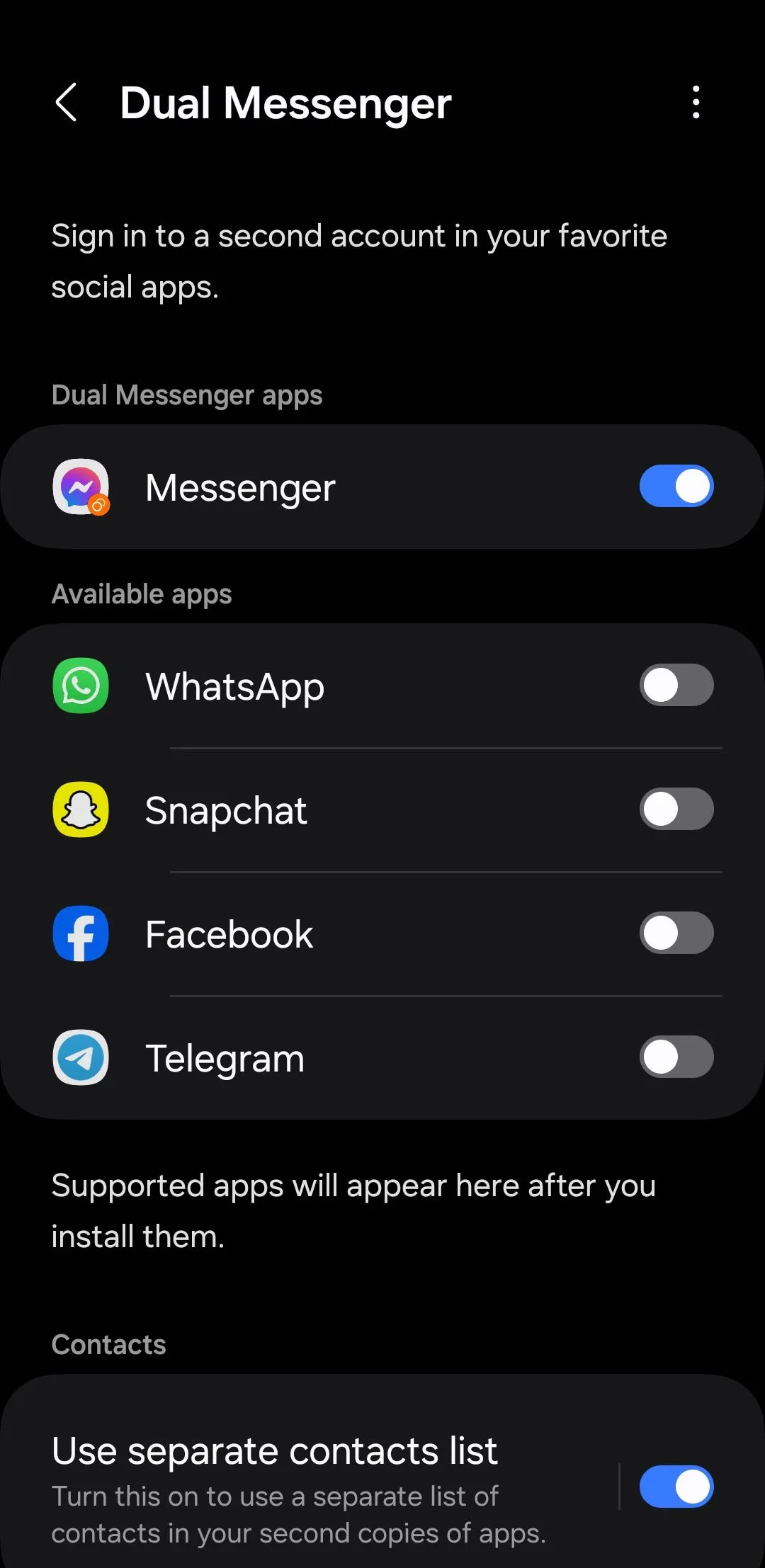 Màn hình cài đặt Dual Messenger trên điện thoại Samsung, cho phép nhân bản ứng dụng nhắn tin như WhatsApp để dùng hai tài khoản