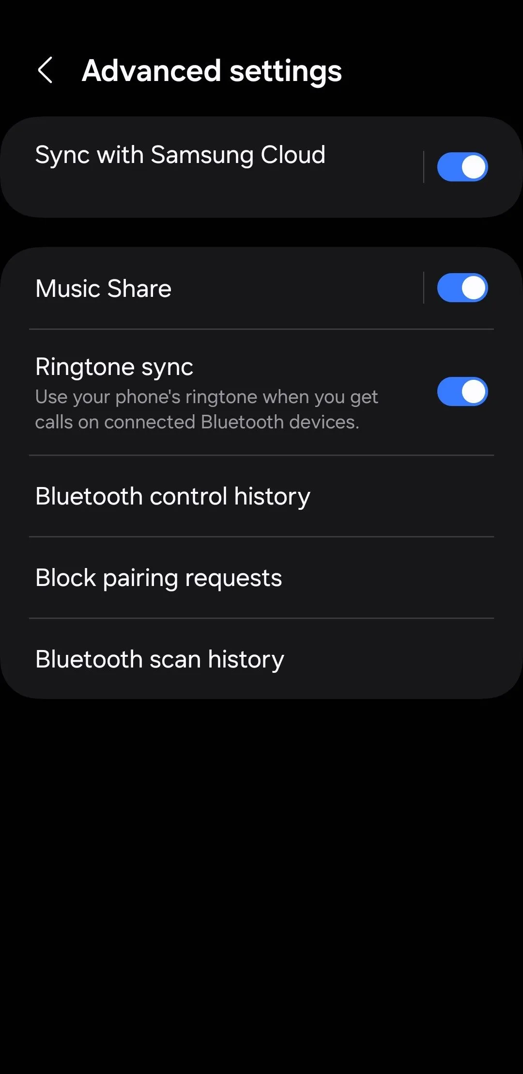 Màn hình cài đặt Nâng cao Bluetooth trên điện thoại Samsung, hiển thị tùy chọn Music Share để chia sẻ kết nối âm thanh