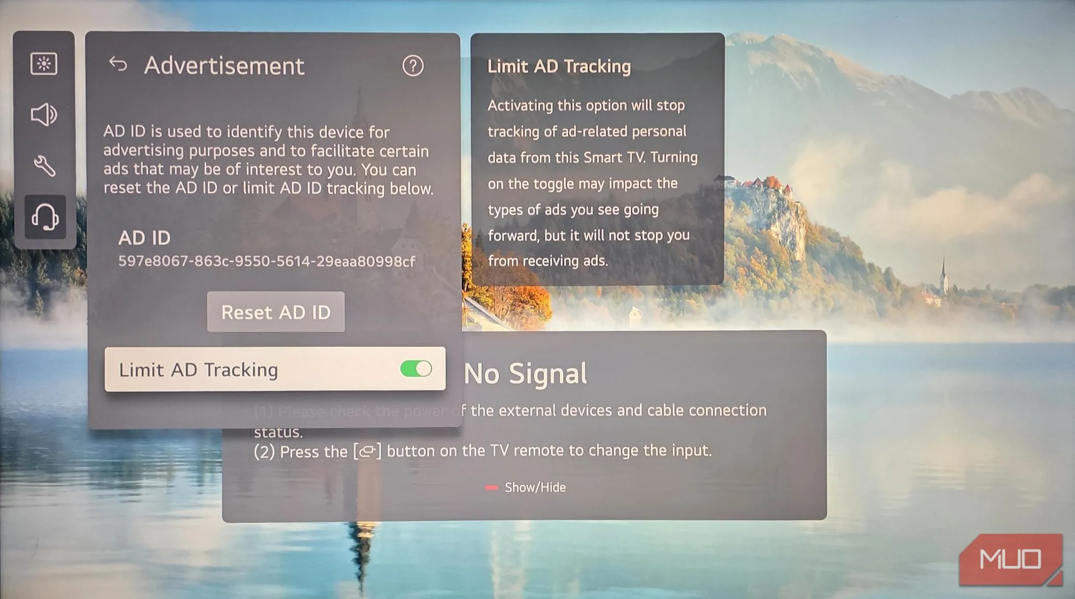 Màn hình cài đặt quyền riêng tư trên Smart TV LG, cho phép người dùng giới hạn việc theo dõi quảng cáo cá nhân hóa và quản lý dữ liệu sử dụng ứng dụng.