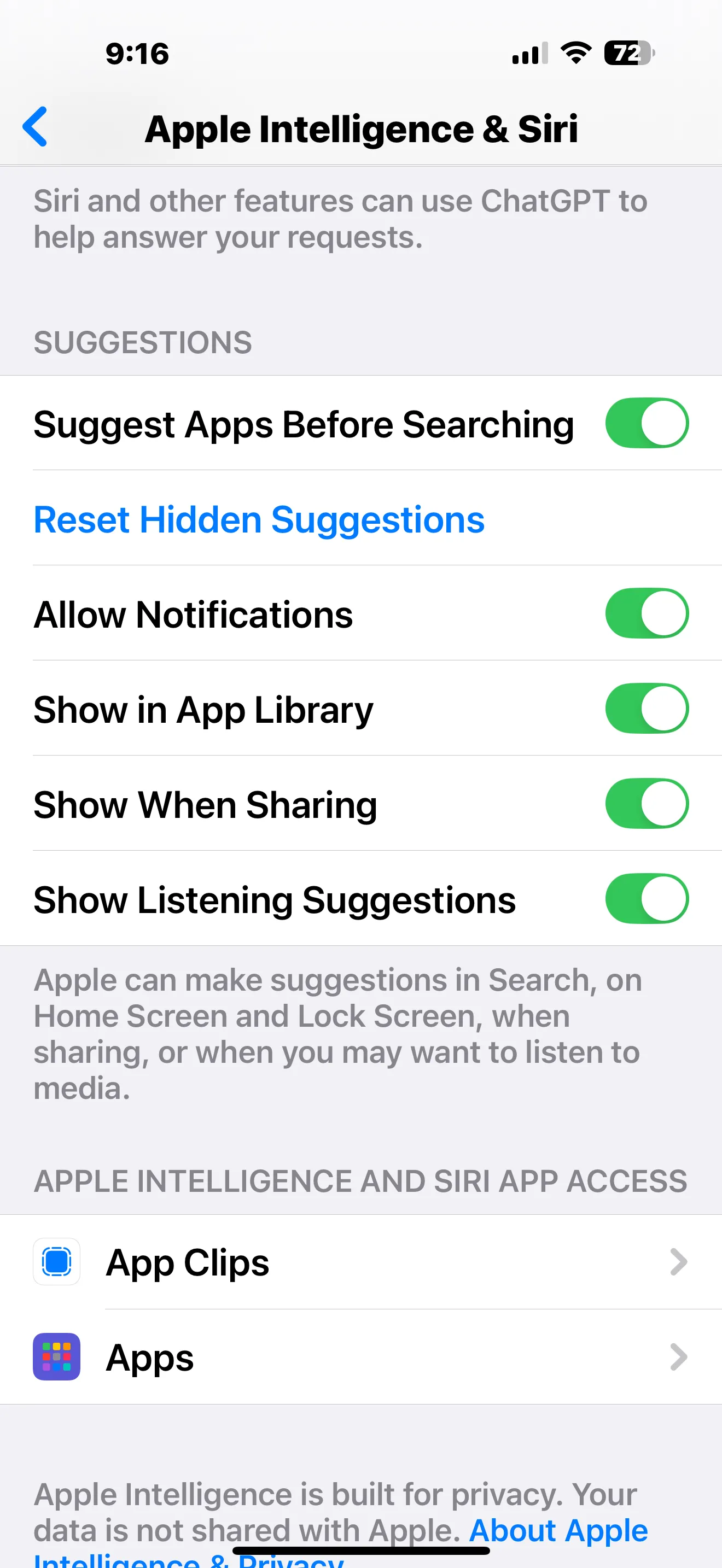 Màn hình cài đặt quyền truy cập ứng dụng của Apple Intelligence trên iPhone, cho phép người dùng kiểm soát AI theo từng ứng dụng