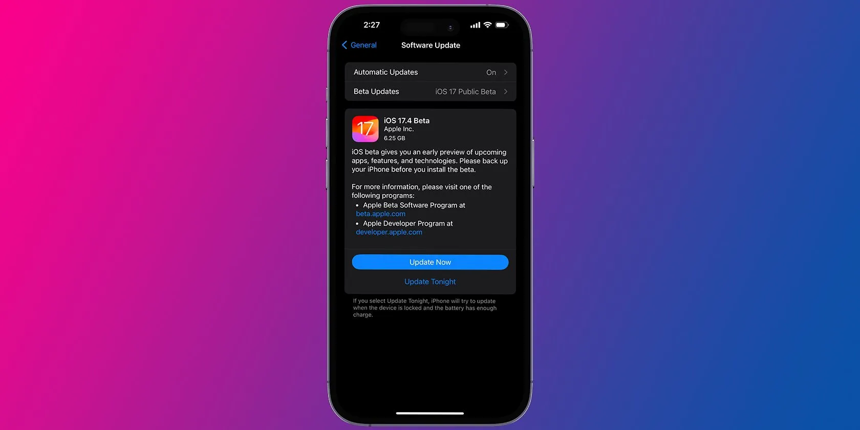 Màn hình cập nhật phần mềm iOS 17.4 trên iPhone, giúp tăng cường bảo mật điện thoại