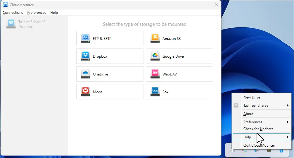 Màn hình chính của CloudMounter trên máy tính Windows 11
