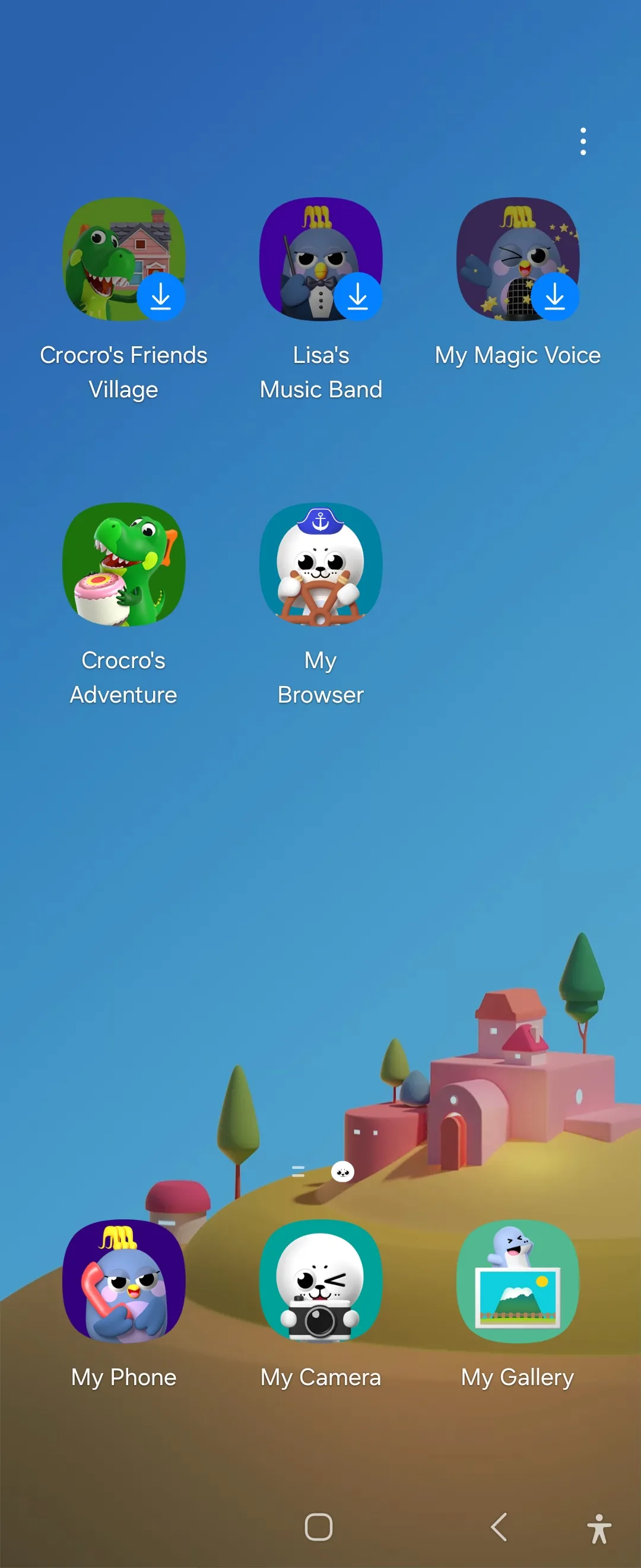 Màn hình chính của Samsung Kids trên điện thoại Galaxy Flip 6, hiển thị giao diện thân thiện với trẻ em.