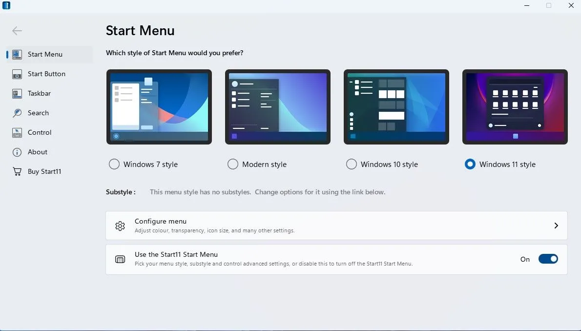 Màn hình chính của Start11 trên Windows 11 với menu Start tùy chỉnh