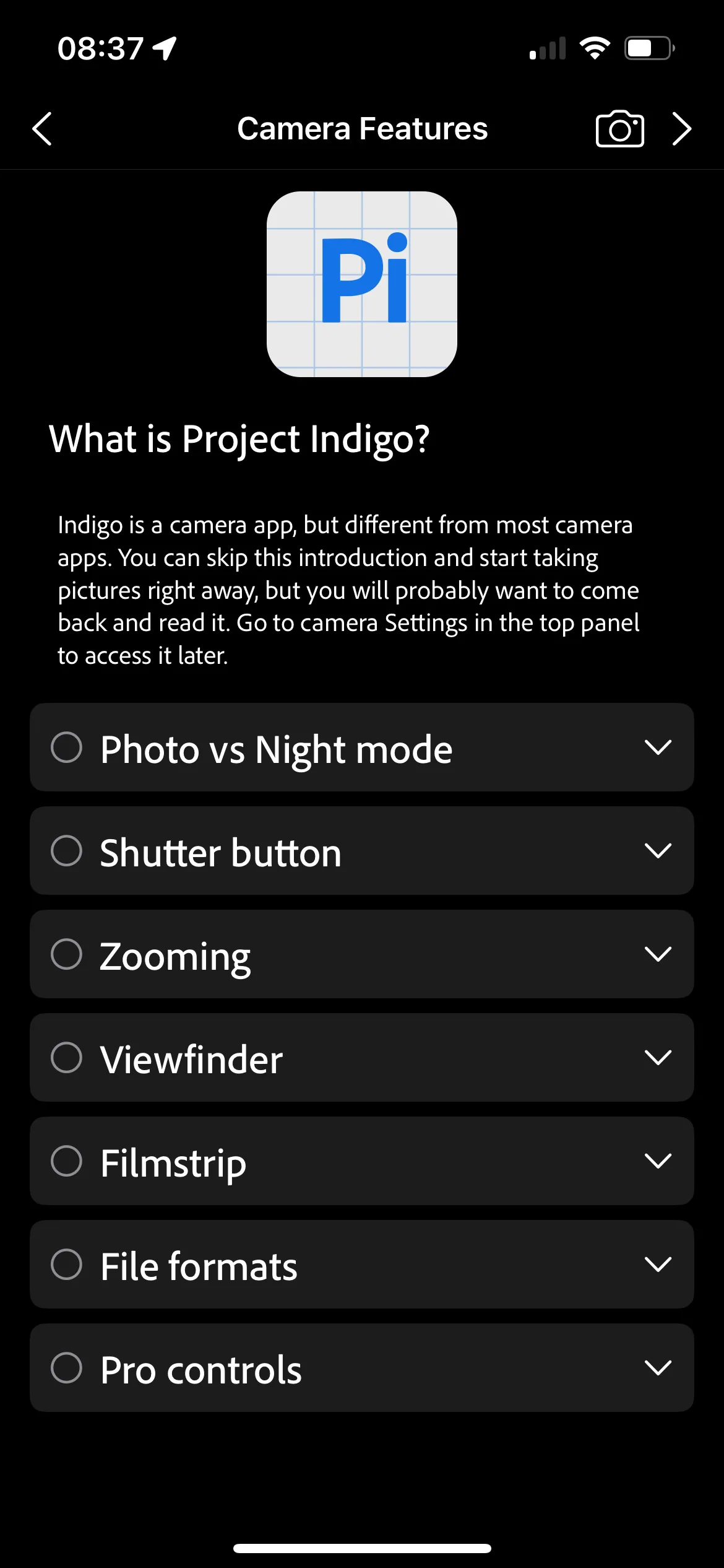 Màn hình chính của ứng dụng Project Indigo với các tùy chọn chụp ảnh và thư viện