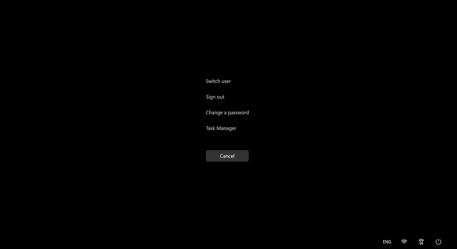 Màn hình Ctrl Alt Del trong Windows 11 với các tùy chọn hệ thống