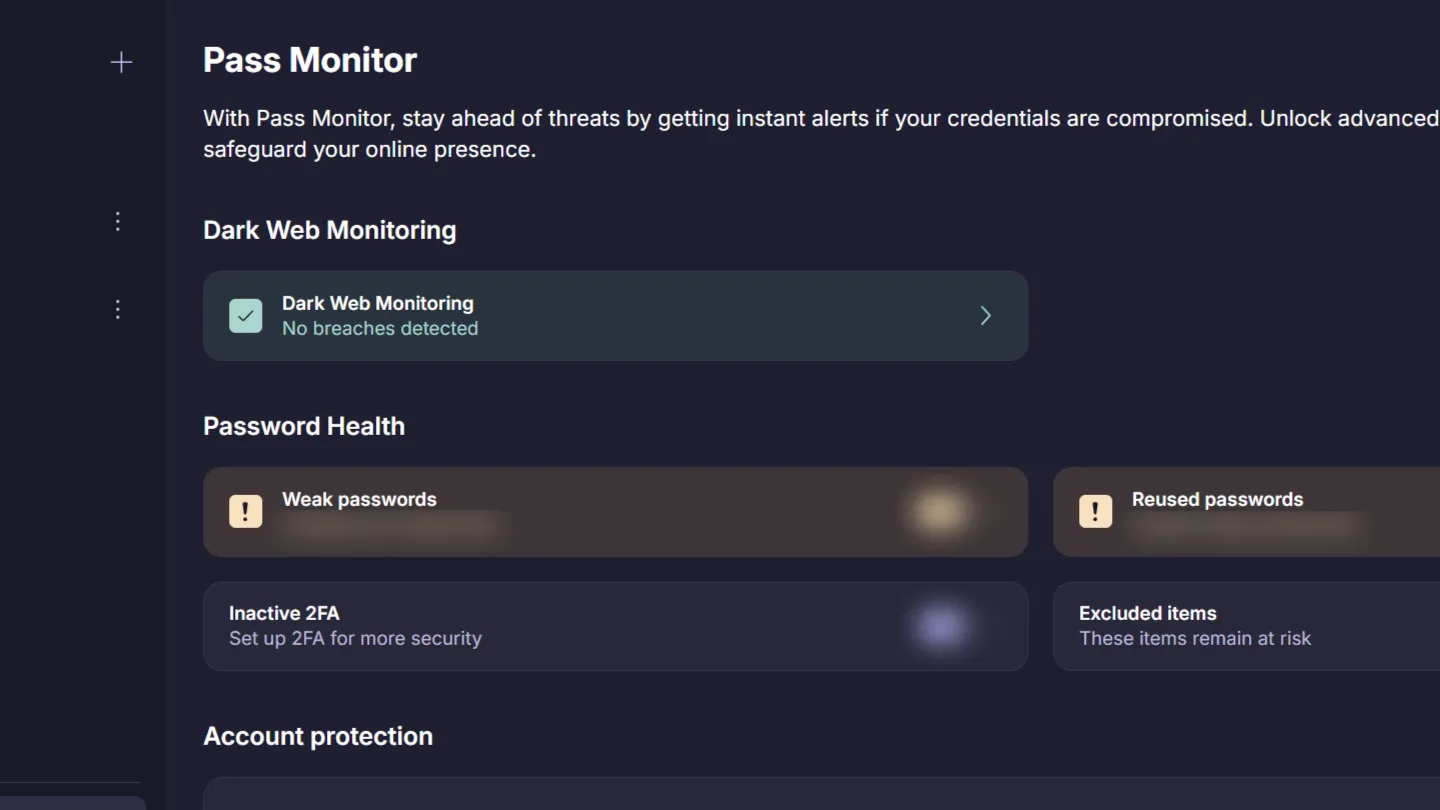 Màn hình giám sát Dark Web của Proton Pass hiển thị không có dữ liệu bị rò rỉ