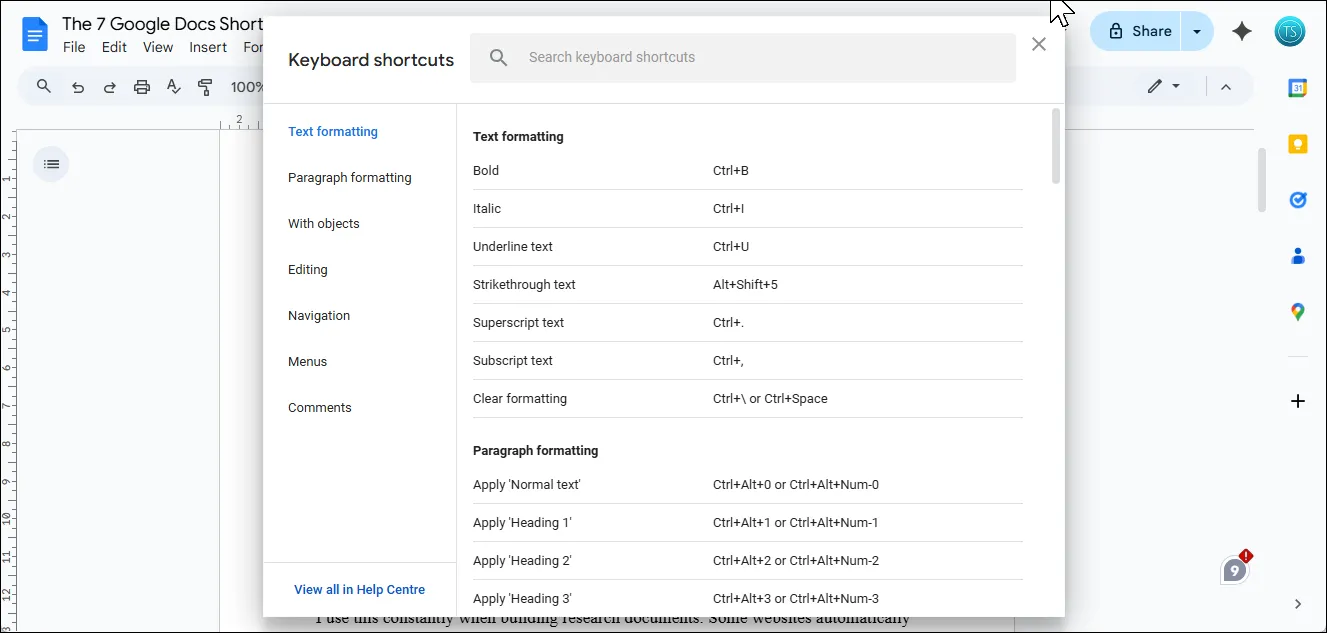 Màn hình hiển thị danh sách tất cả các phím tắt trong Google Docs, với thanh tìm kiếm &quot;Keyboard shortcuts&quot; và các danh mục.