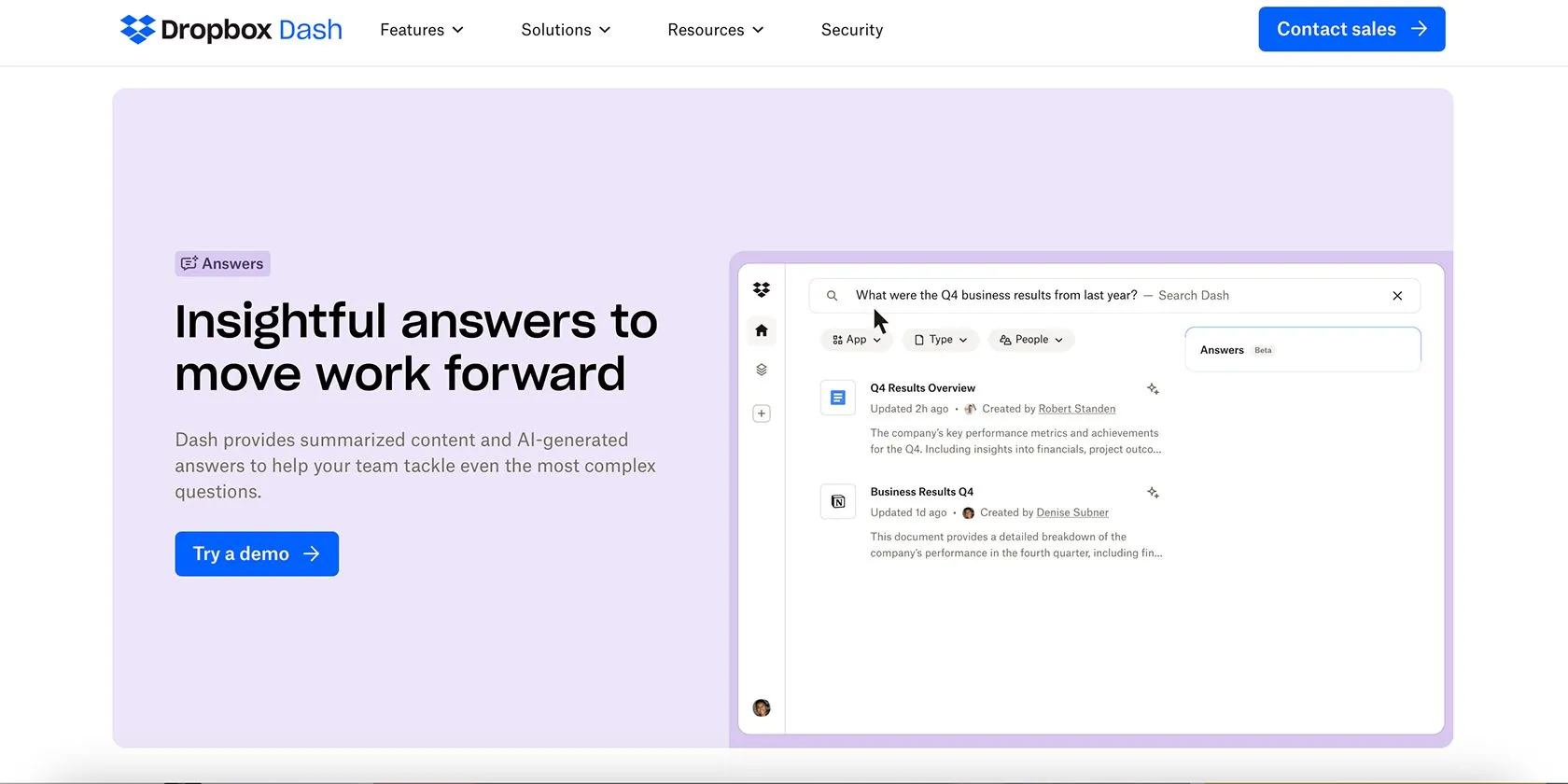 Màn hình hiển thị khả năng trả lời câu hỏi và tóm tắt tài liệu của Dropbox Dash, minh họa tính năng tóm tắt AI đa dạng.