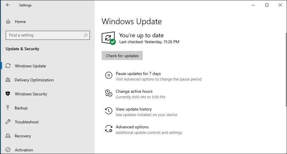 Màn hình kiểm tra cập nhật trên Windows 10, hiển thị thông báo về tình trạng cập nhật