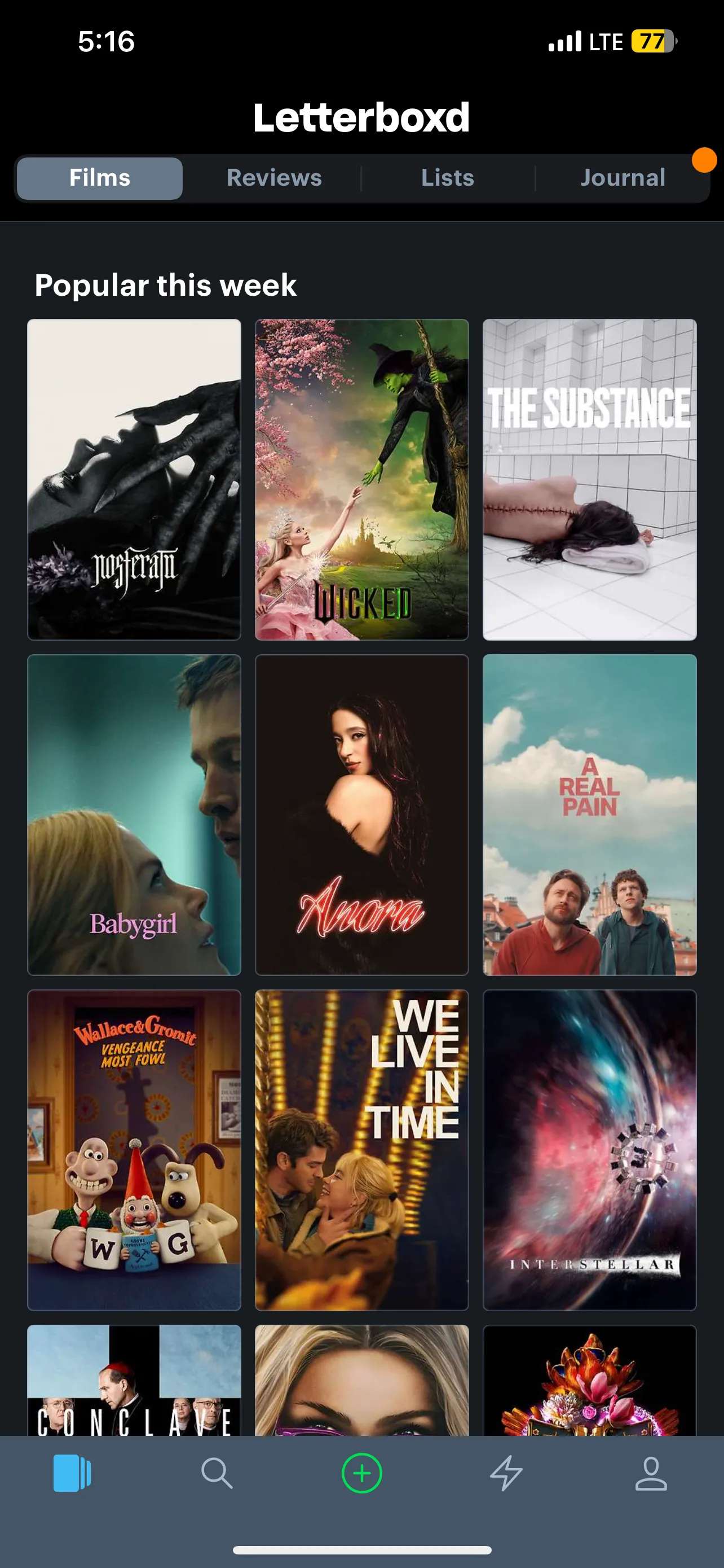Màn hình Letterboxd hiển thị danh sách các bộ phim phổ biến trong tuần này