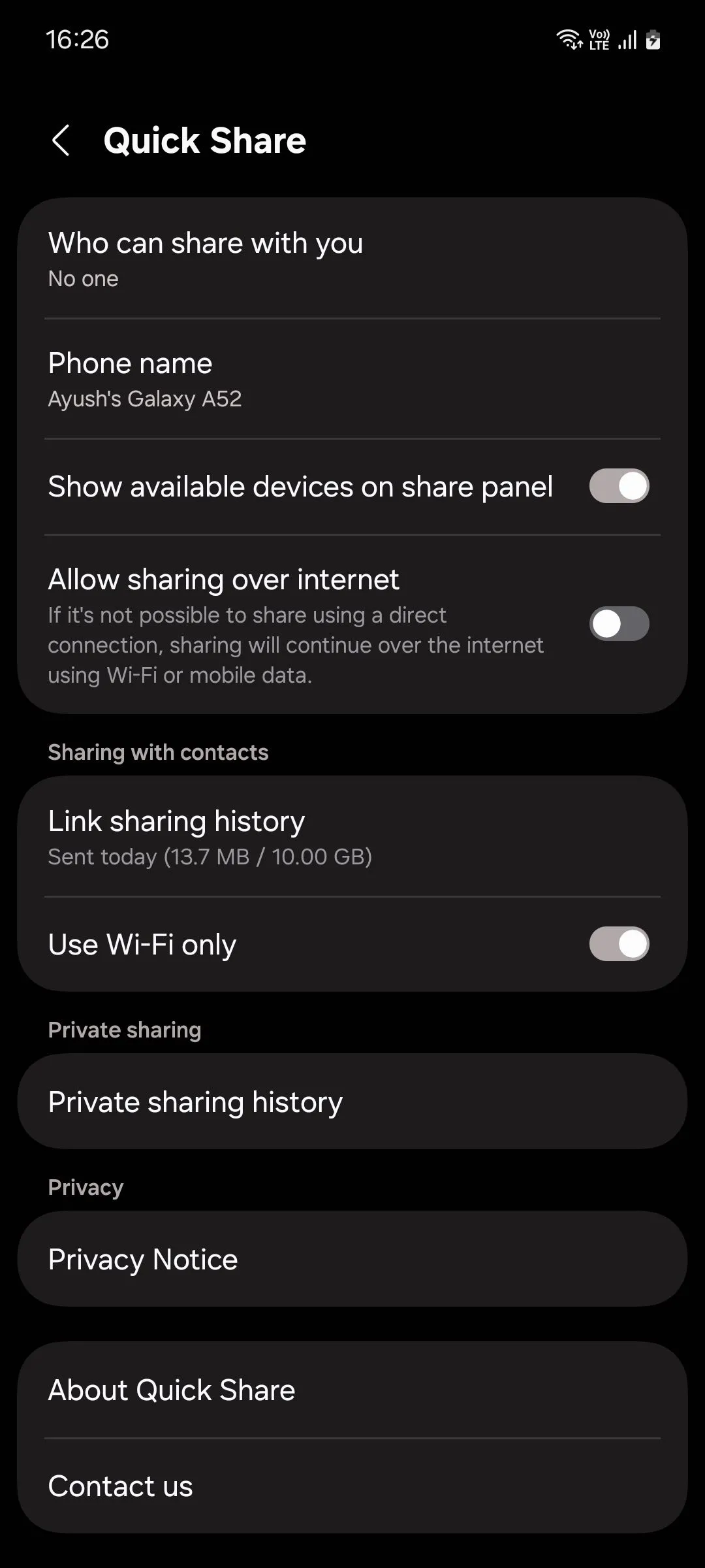 Màn hình quản lý lịch sử chia sẻ liên kết trong Quick Share trên Samsung One UI 6.1