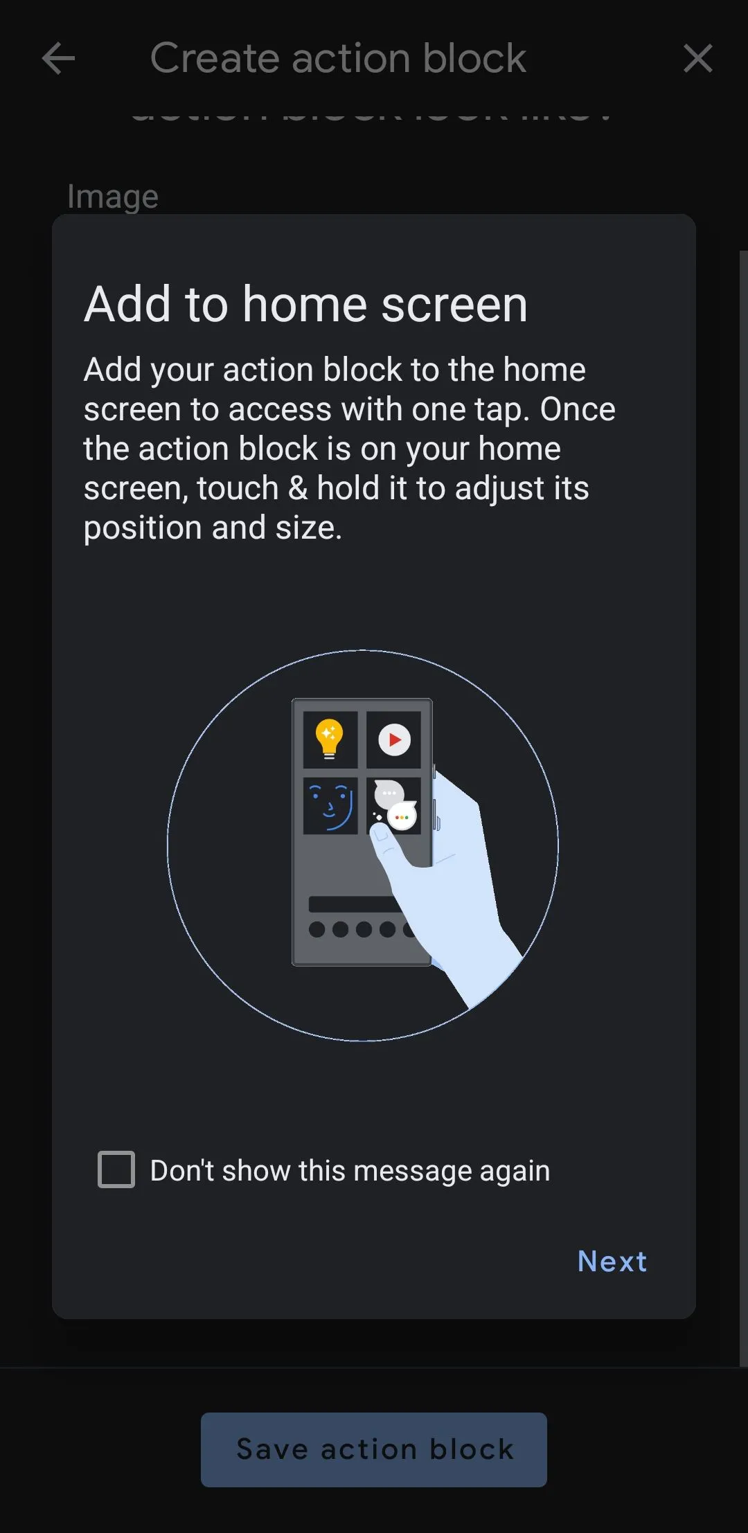 Màn hình &quot;Thêm vào màn hình chính&quot; trong ứng dụng Action Blocks trên điện thoại Android
