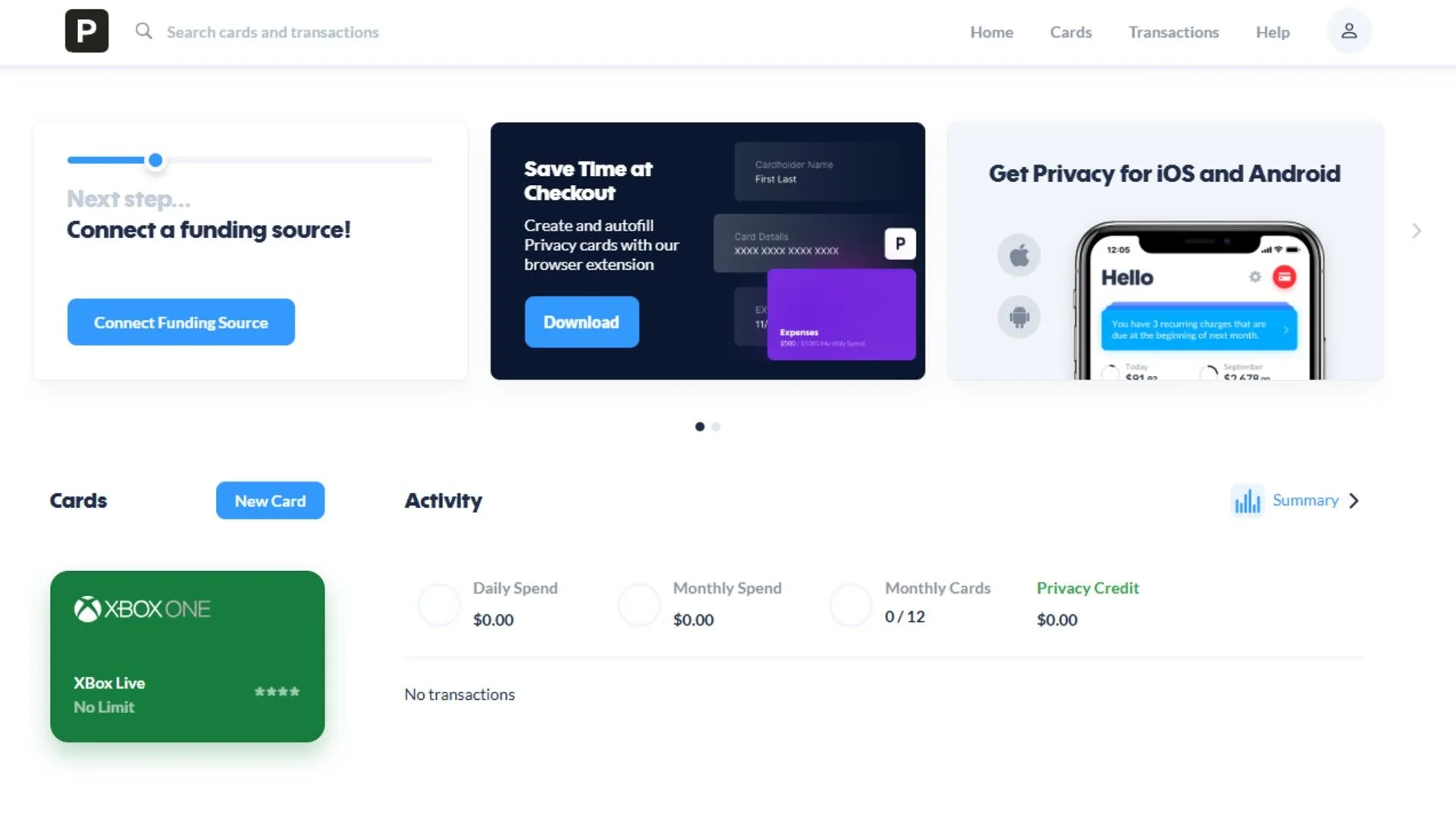 Màn hình thiết lập thẻ ảo dùng một lần trên nền tảng Privacy.com, thể hiện quá trình bảo mật tài khoản.