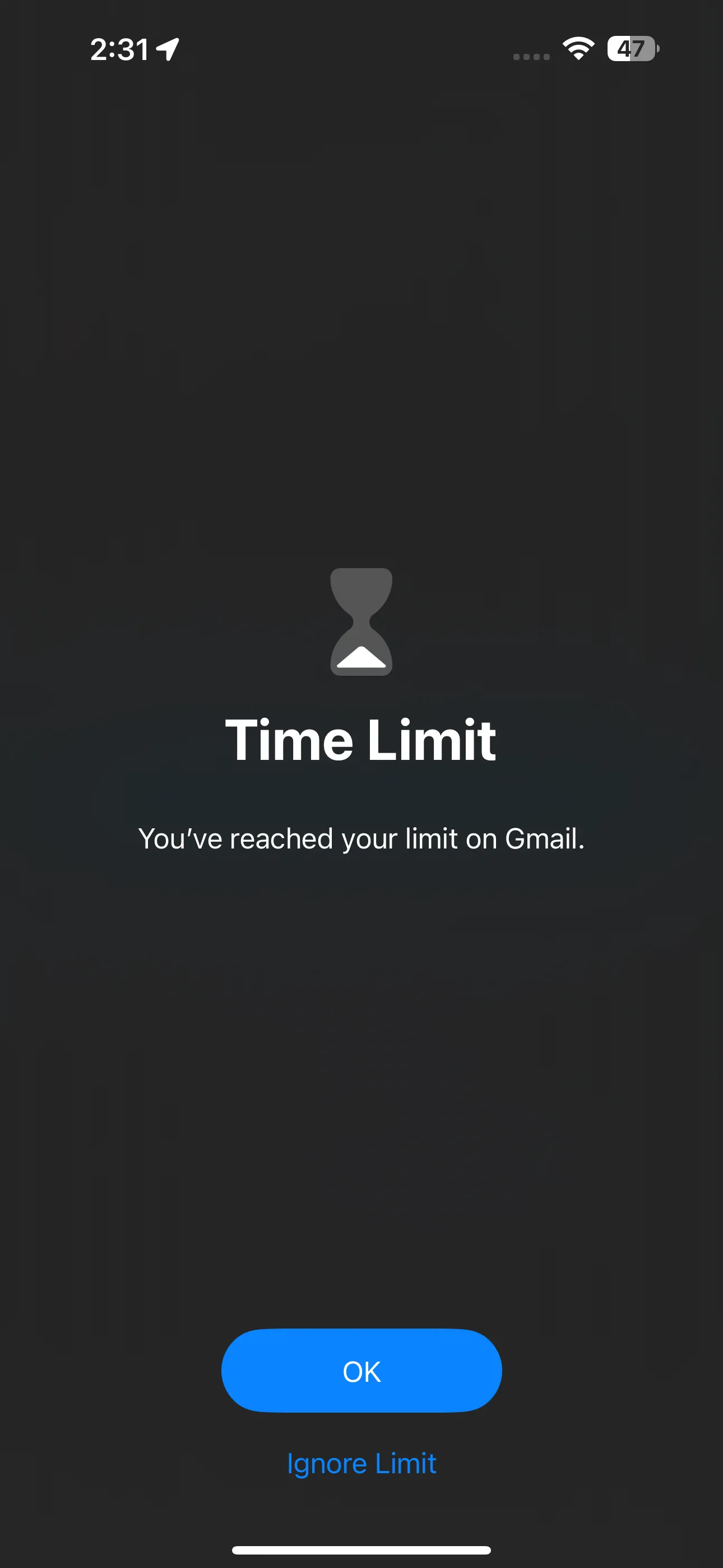 Màn hình thông báo &quot;Bạn đã đạt giới hạn trên [Tên ứng dụng]&quot; của Screen Time trên iPhone, ví dụ với ứng dụng Gmail.